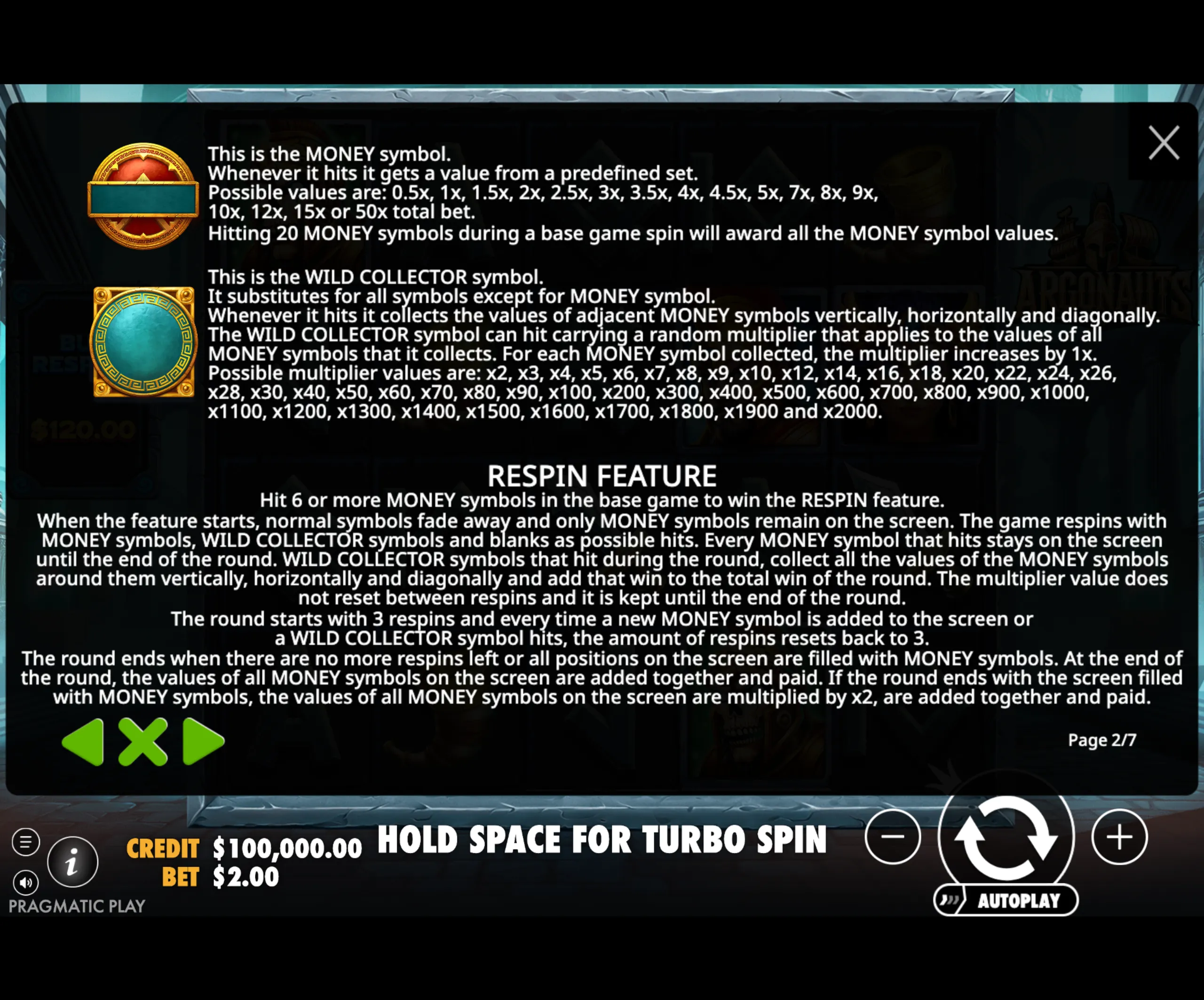 Detailed game instructions for the MONEY and WILD COLLECTOR symbols and the respin feature in the Argonauts slot game.