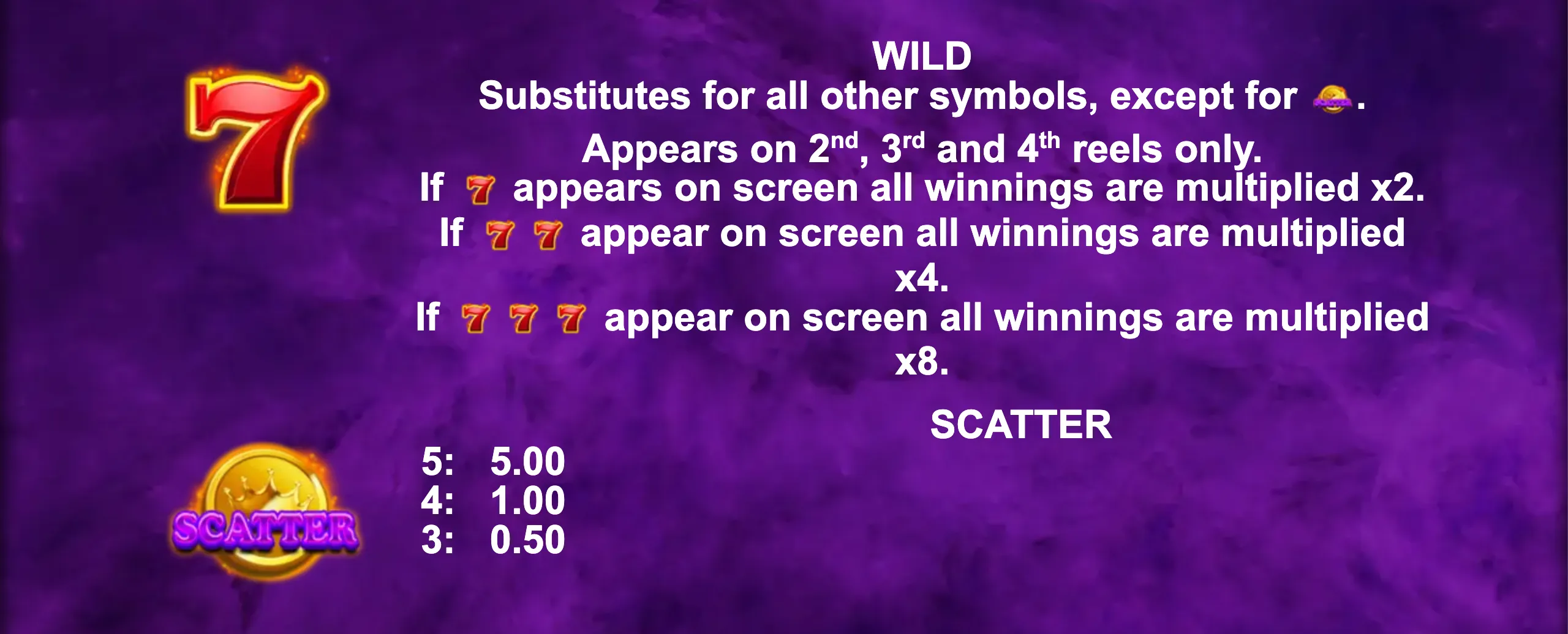 Hell's Hot 7's slot game wild symbol and scatter payout details on a purple smoky background