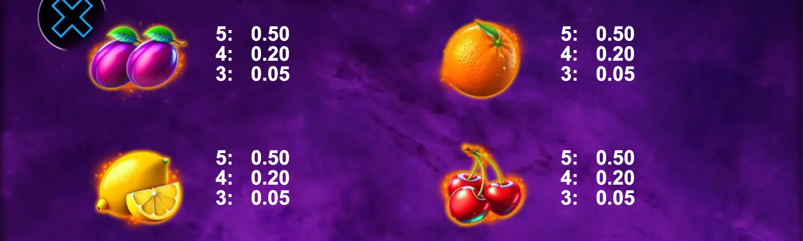 Hell's Hot 7's slot preview featuring glowing fruit symbols with payout values on a dark purple background