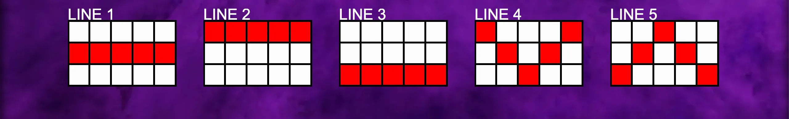 Hell's Hot 7's slot game payline preview with five distinct paylines highlighted in red on a purple smoky background