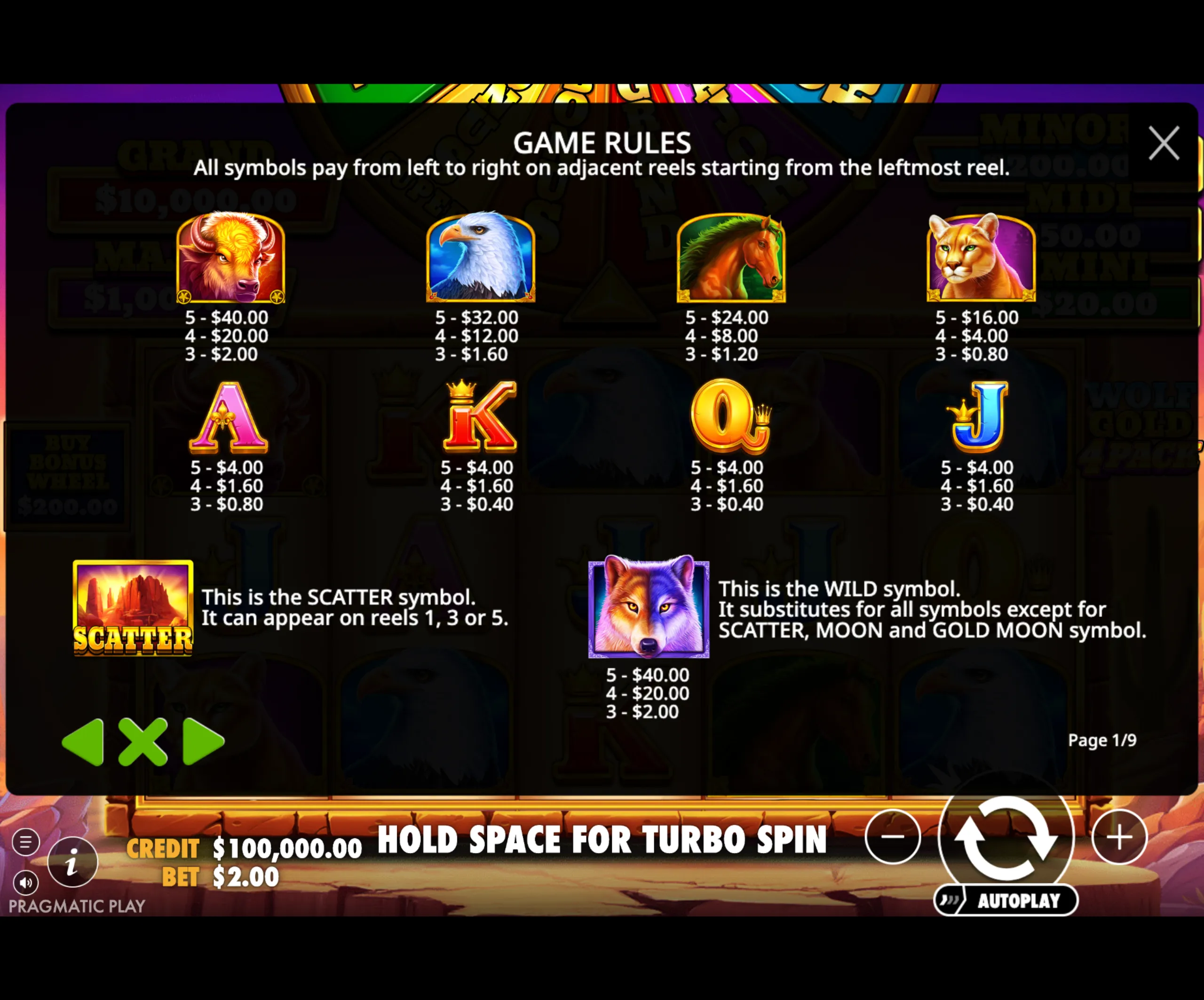 Wolf Gold 4 Pack slot game paytable showing animal and card symbols with their payout values and explanations of scatter and wild symbols.