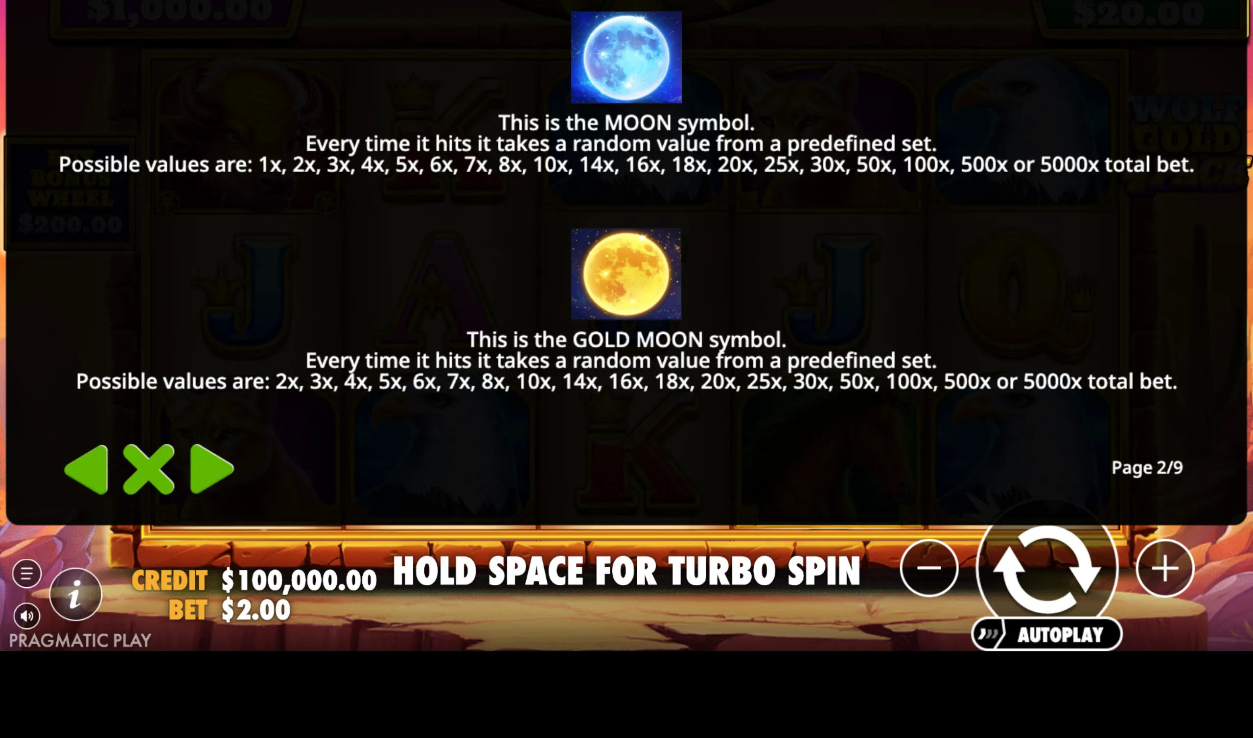 Wolf Gold 4 Pack slot game screen showing the Moon and Gold Moon symbols with their respective random multiplier values ranging from 1x to 5000x total bet.