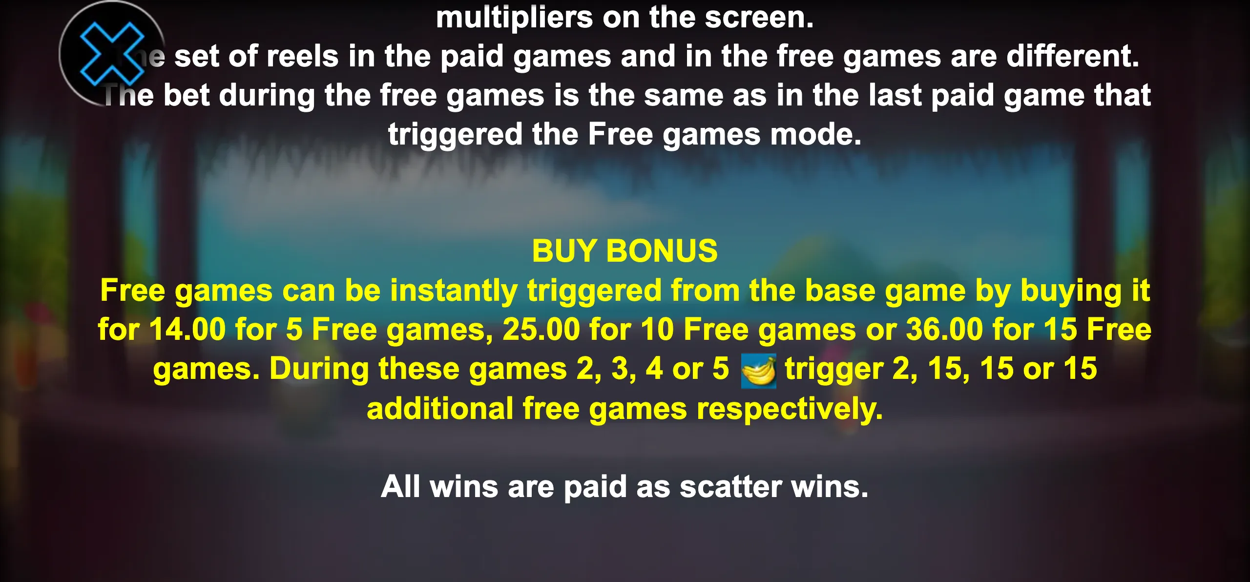Slot game 100x Fresh bonus info screen with free games and buy bonus details