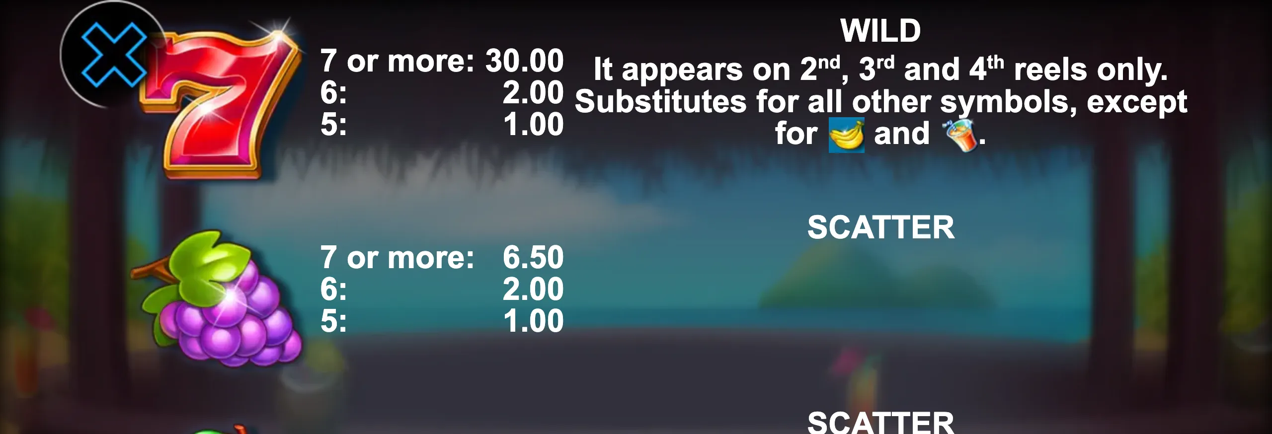 100x Fresh slot preview showing vibrant fruit symbols, classic red 7, and payout details with wild and scatter features.