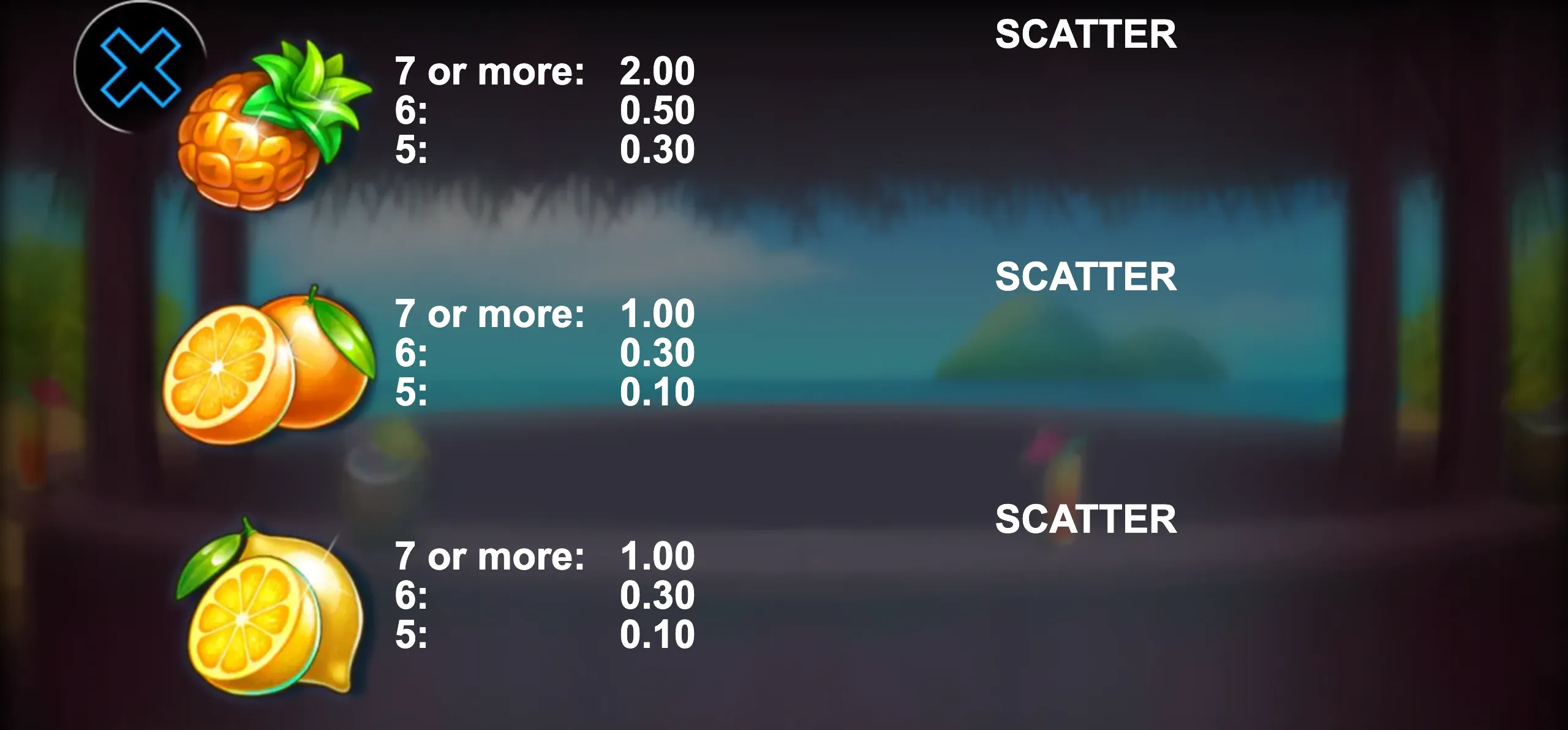 Slot game preview featuring bright tropical fruit symbols like pineapple, orange, and lemon with payout details on a blurred tropical beach background.