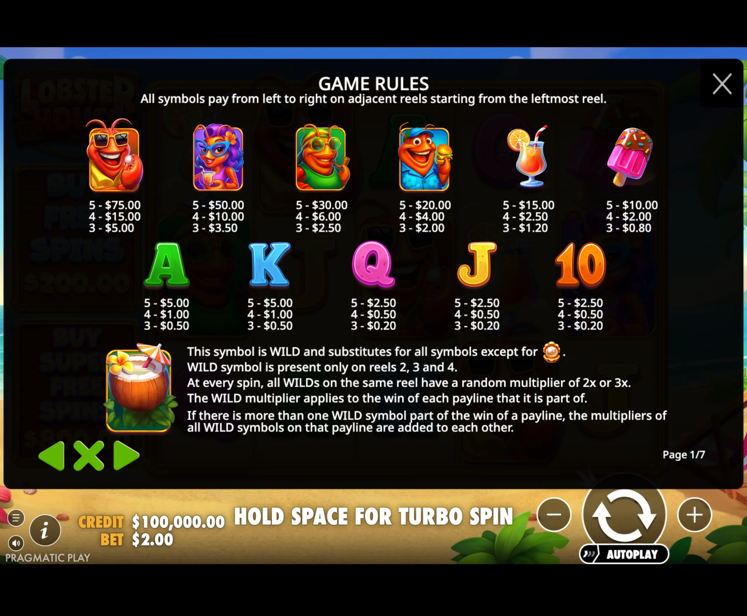 Colorful slot game paytable featuring cartoon lobsters in sunglasses and tropical attire, along with vibrant drink and dessert symbols, set against a dark background.
