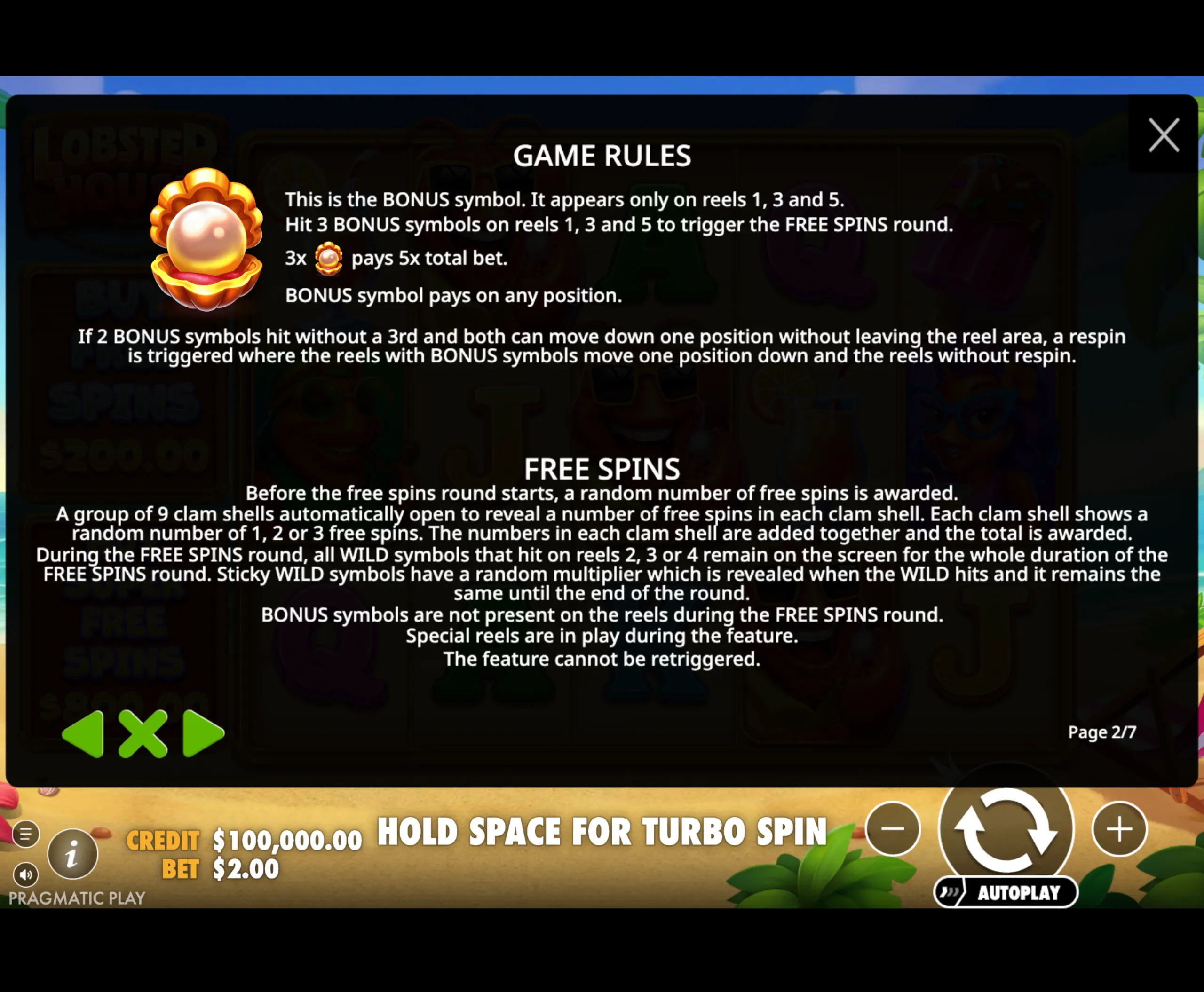Game rules text for Lobster House slot, highlighting the bonus symbol, free spins, and respin features with a pearl in a clam shell symbol.