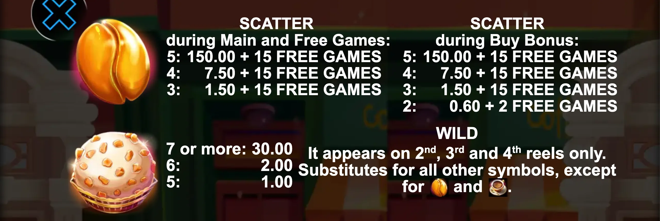 100x Coffee Hot slot game preview showing golden coffee bean and dessert symbols with scatter and wild feature details