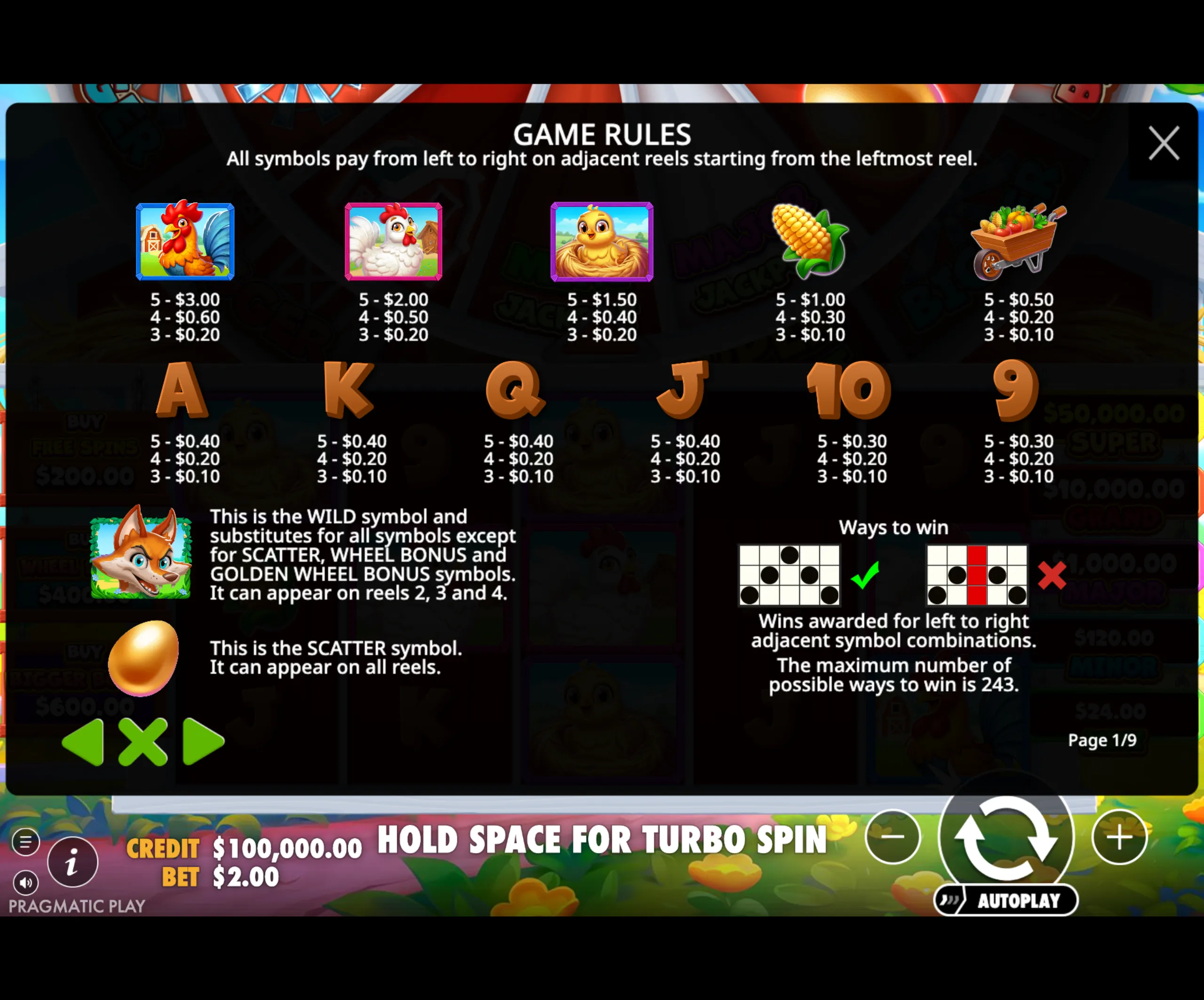 Game rules and payout values for Bigger Barn House Bonanza slot symbols including farm animals and produce with clear instructions on winning combinations.