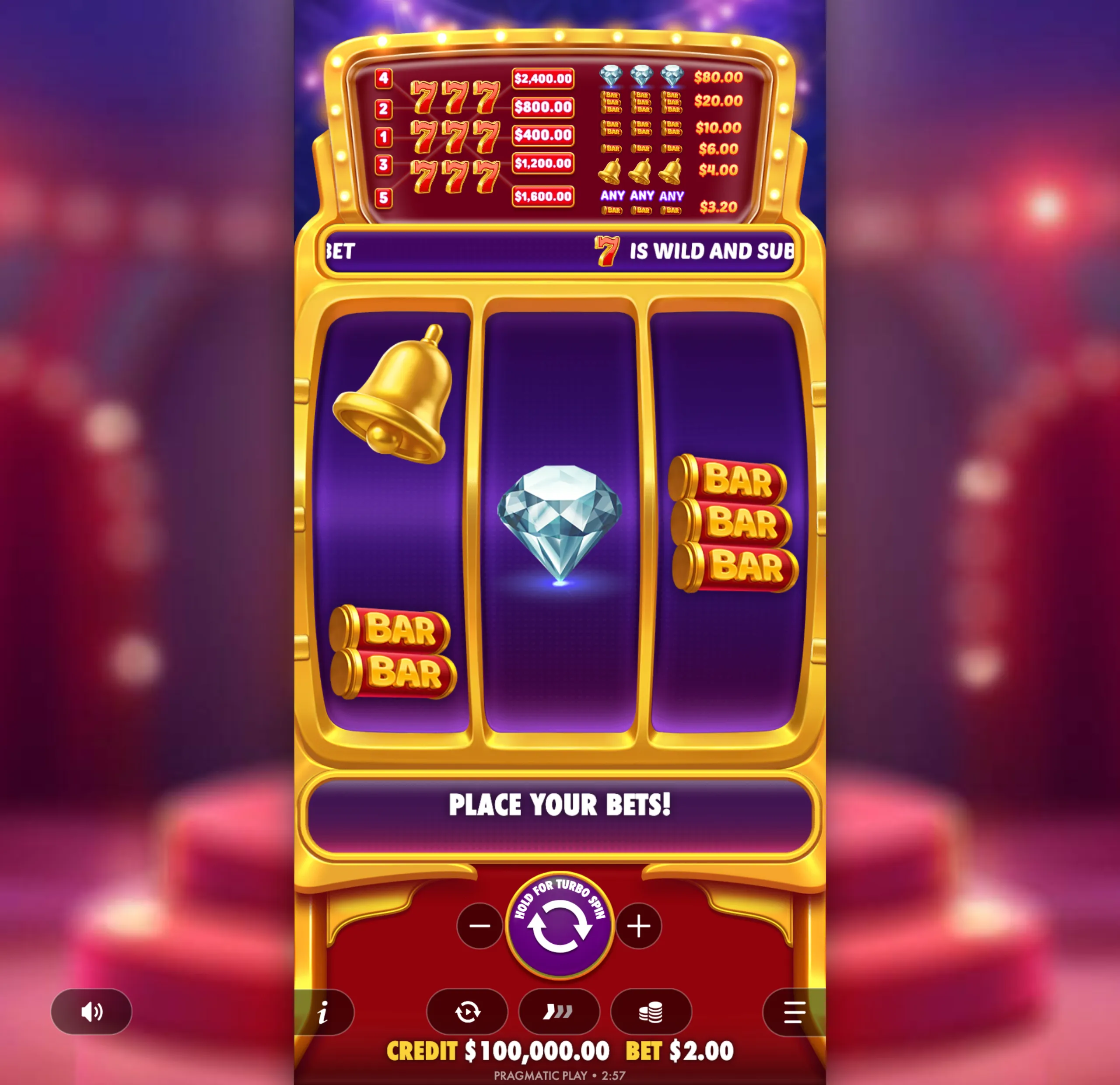 A vibrant slot game interface featuring classic symbols like 777, diamonds, bells, and BAR icons with a clear payout table and a wild 7 symbol.