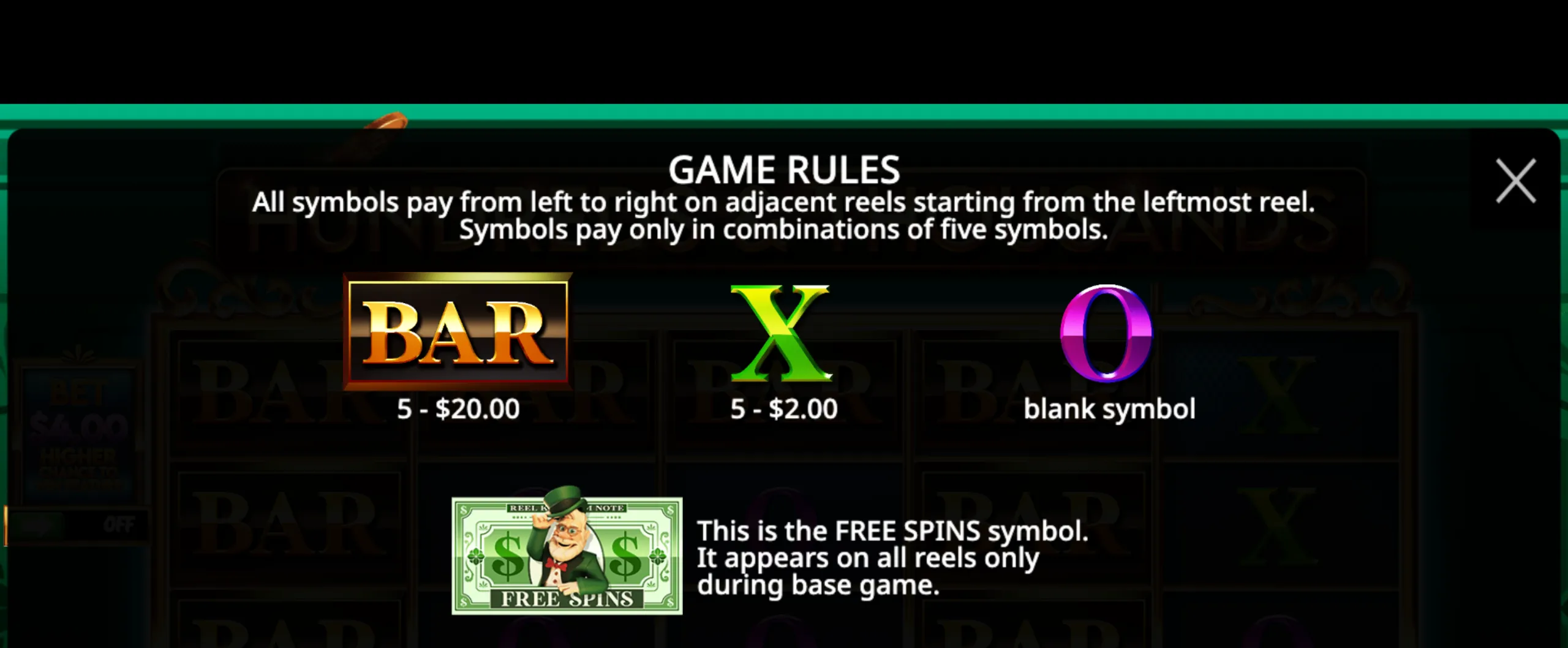 Game rules for Hundreds & Thousands slot showing symbol payouts and free spins symbol details.