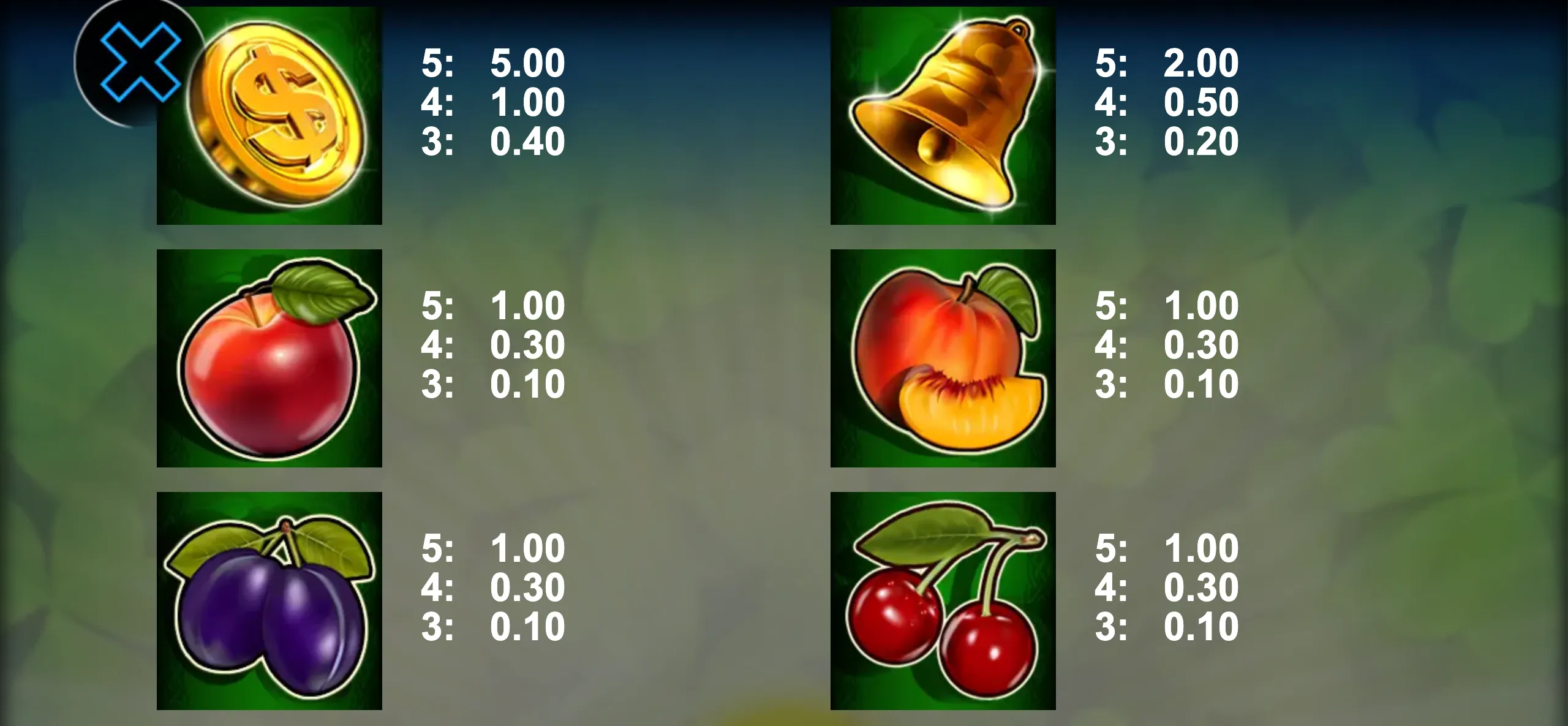 Lucky Clover 20 slot game preview featuring golden coins, bells, and colorful fruit symbols with payout values.