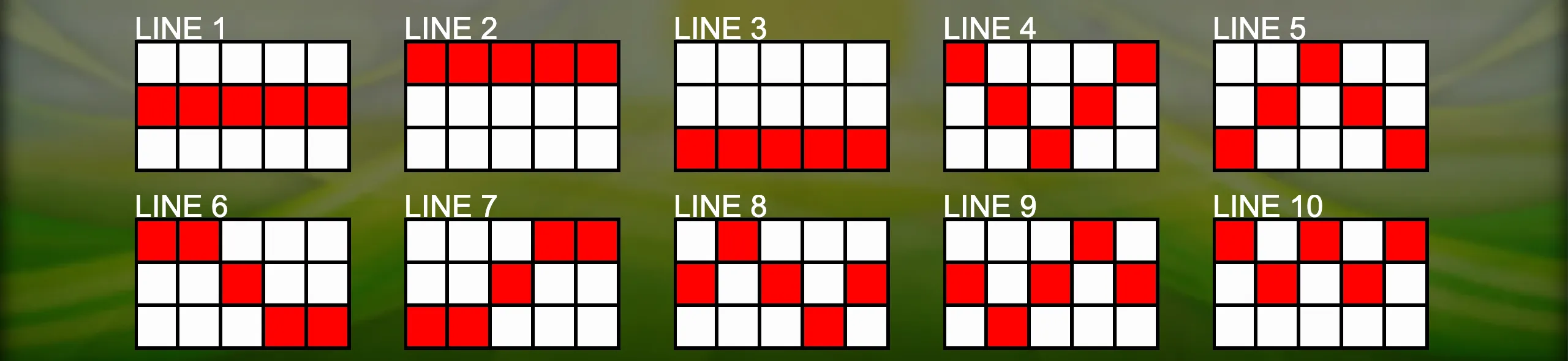 Lucky Clover 20 slot game paylines preview with ten distinct winning line patterns highlighted in red.