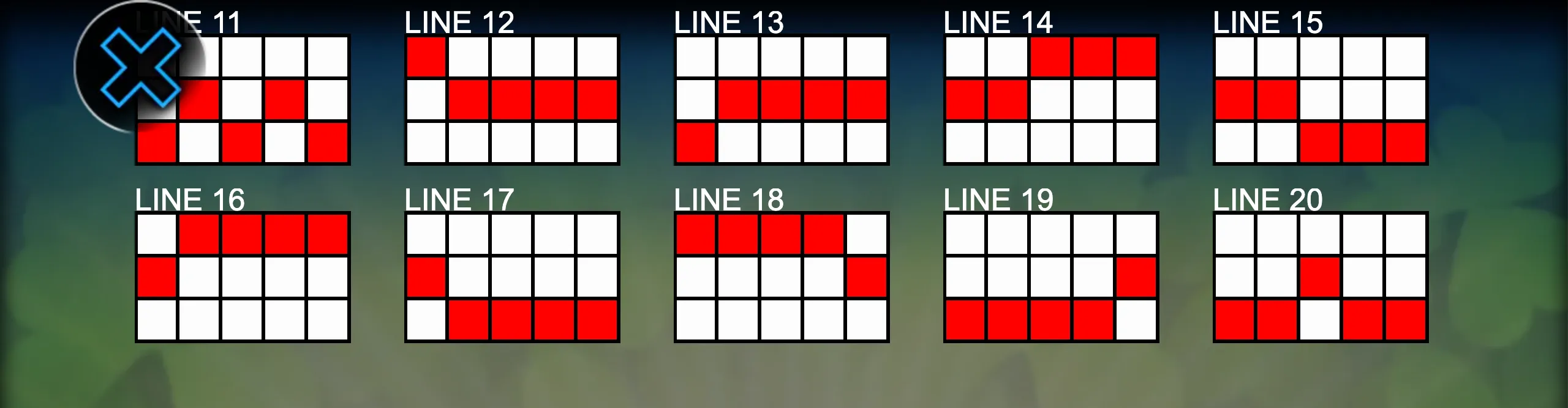 Lucky Clover 20 slot game payline preview showing 20 distinct winning line patterns in red on a grid.