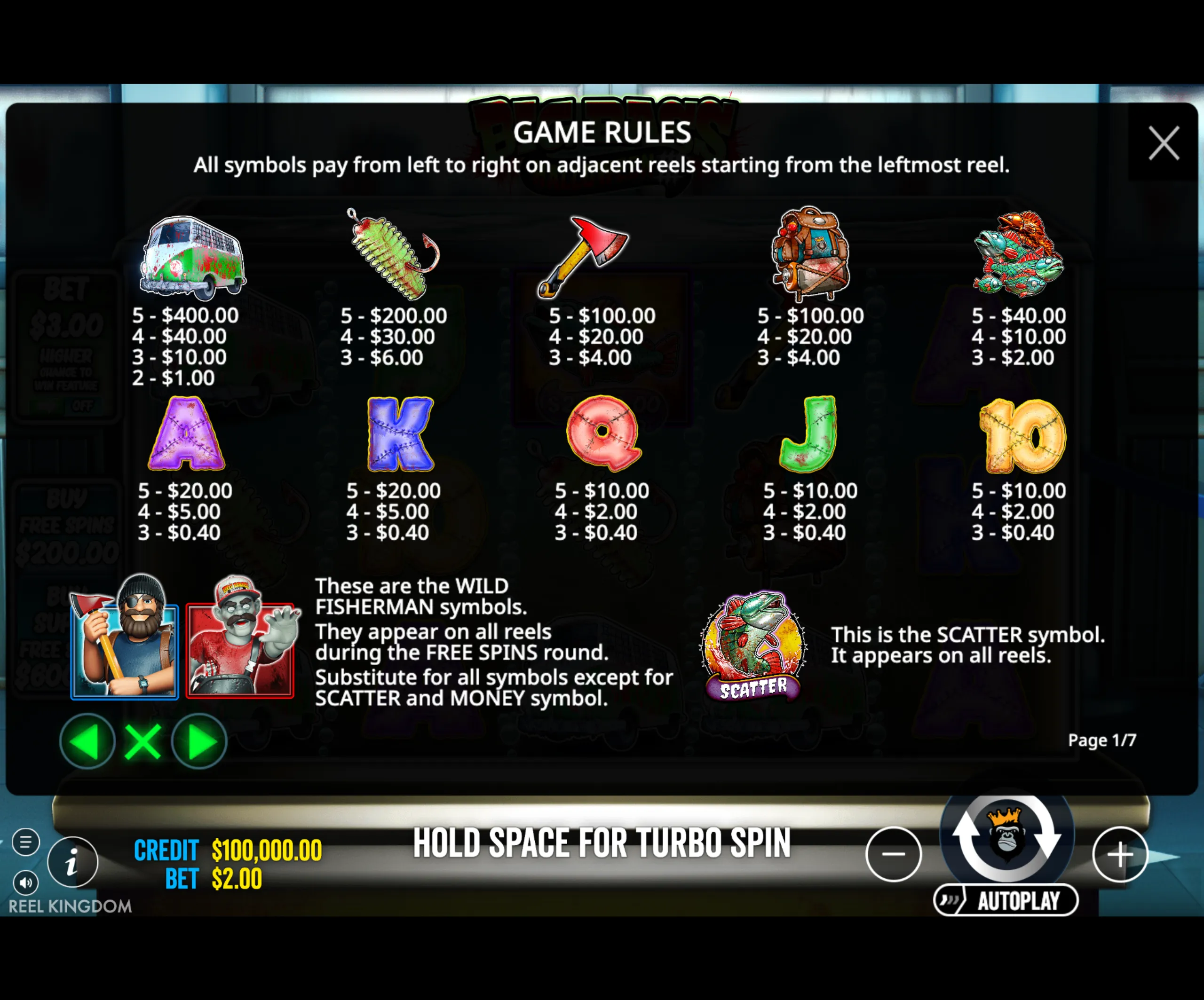 Big Bass Halloween 3 slot game paytable showing symbol payouts including a blood-splattered van, fishing lure, axe, backpack, fish cluster, and wild/scatter symbols with a Halloween twist.