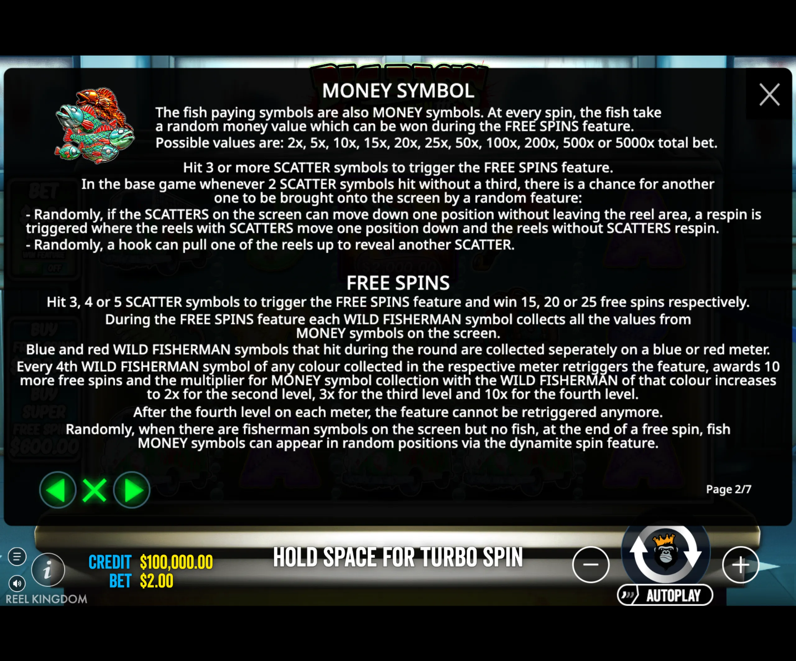 Big Bass Halloween 3 slot game instructions detailing money symbols, scatter symbols, free spins, and wild fisherman features with colorful fish icons.