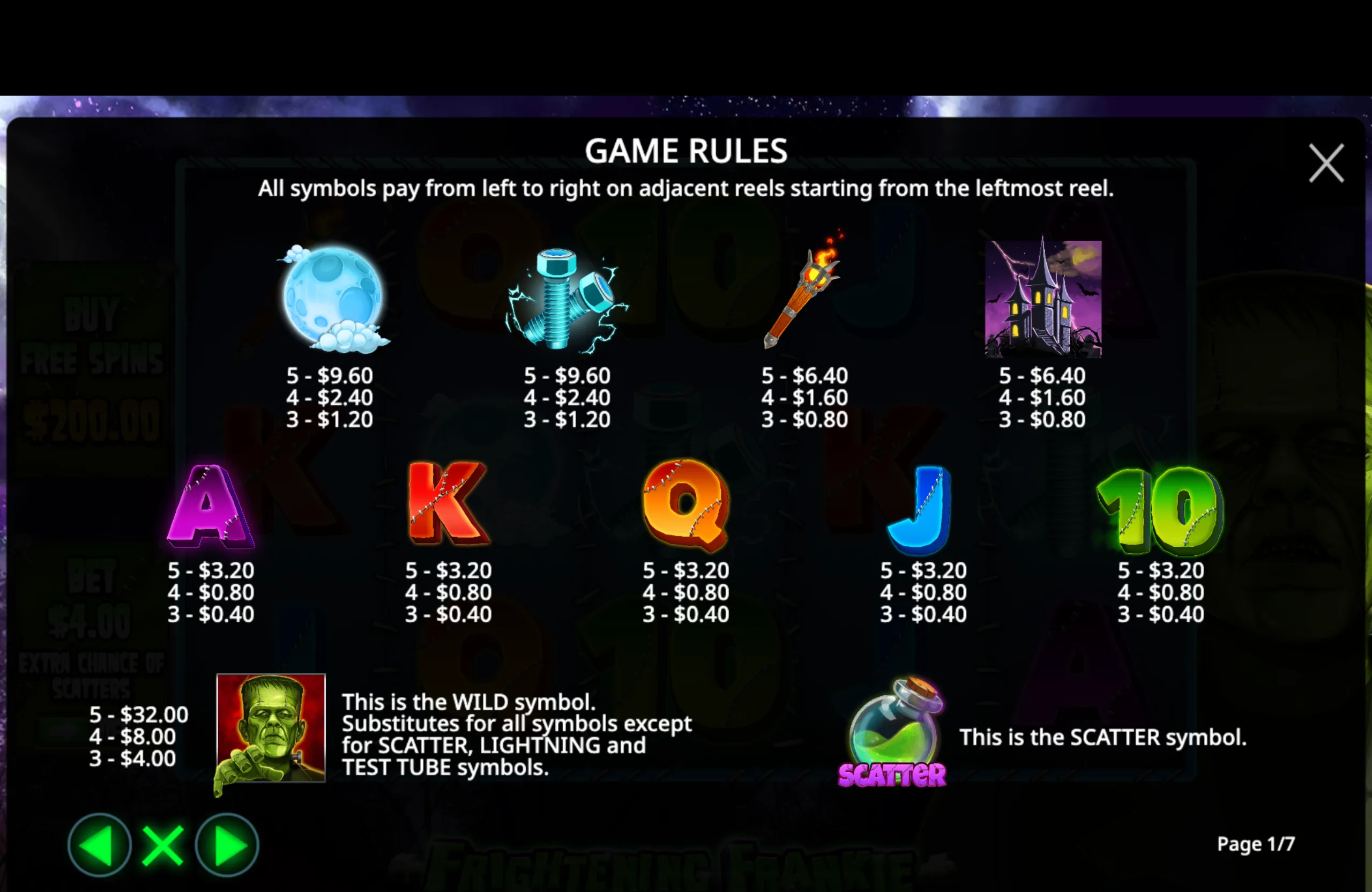 Frightening Frankie slot game paytable with spooky symbols including a full moon, bolts, torch, haunted house, and classic card symbols styled with stitches, plus wild and scatter icons.