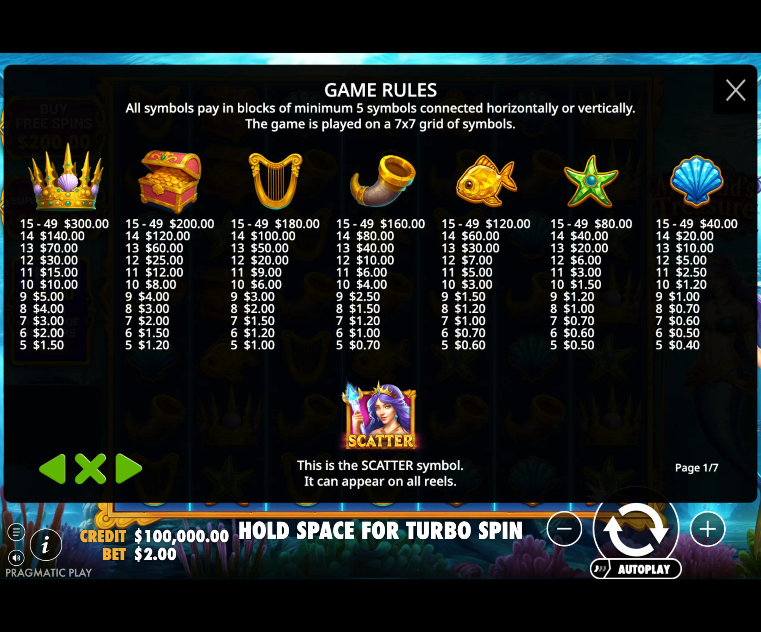 Game rules and payout values for Mermaid's Treasure Trove slot game featuring underwater-themed symbols like a crown, treasure chest, harp, horn, fish, starfish, and shell on a 7x7 grid.