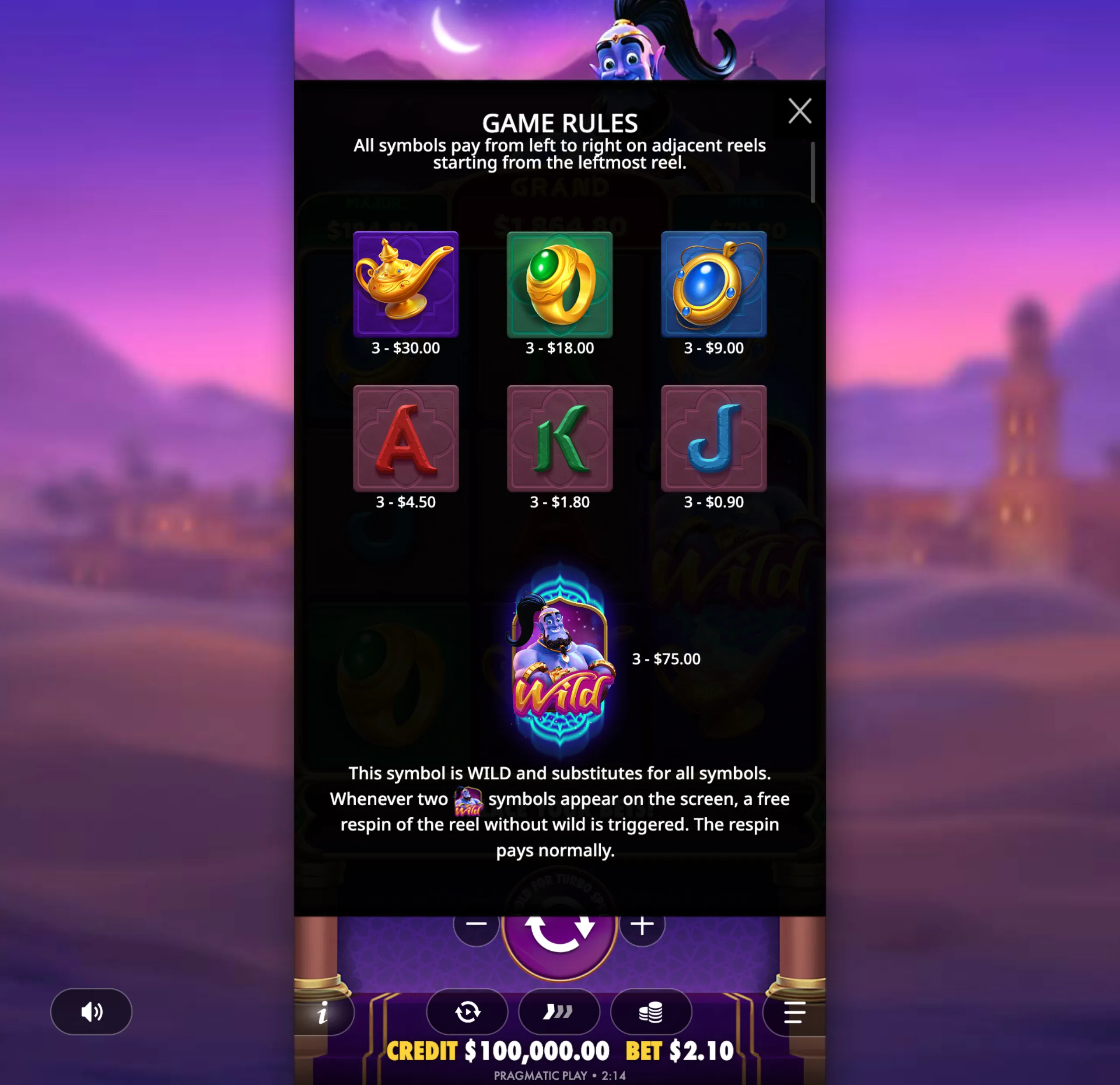 Slot game paytable with mystical symbols including a golden lamp, jeweled ring, and a genie wild symbol, set against a twilight desert backdrop.