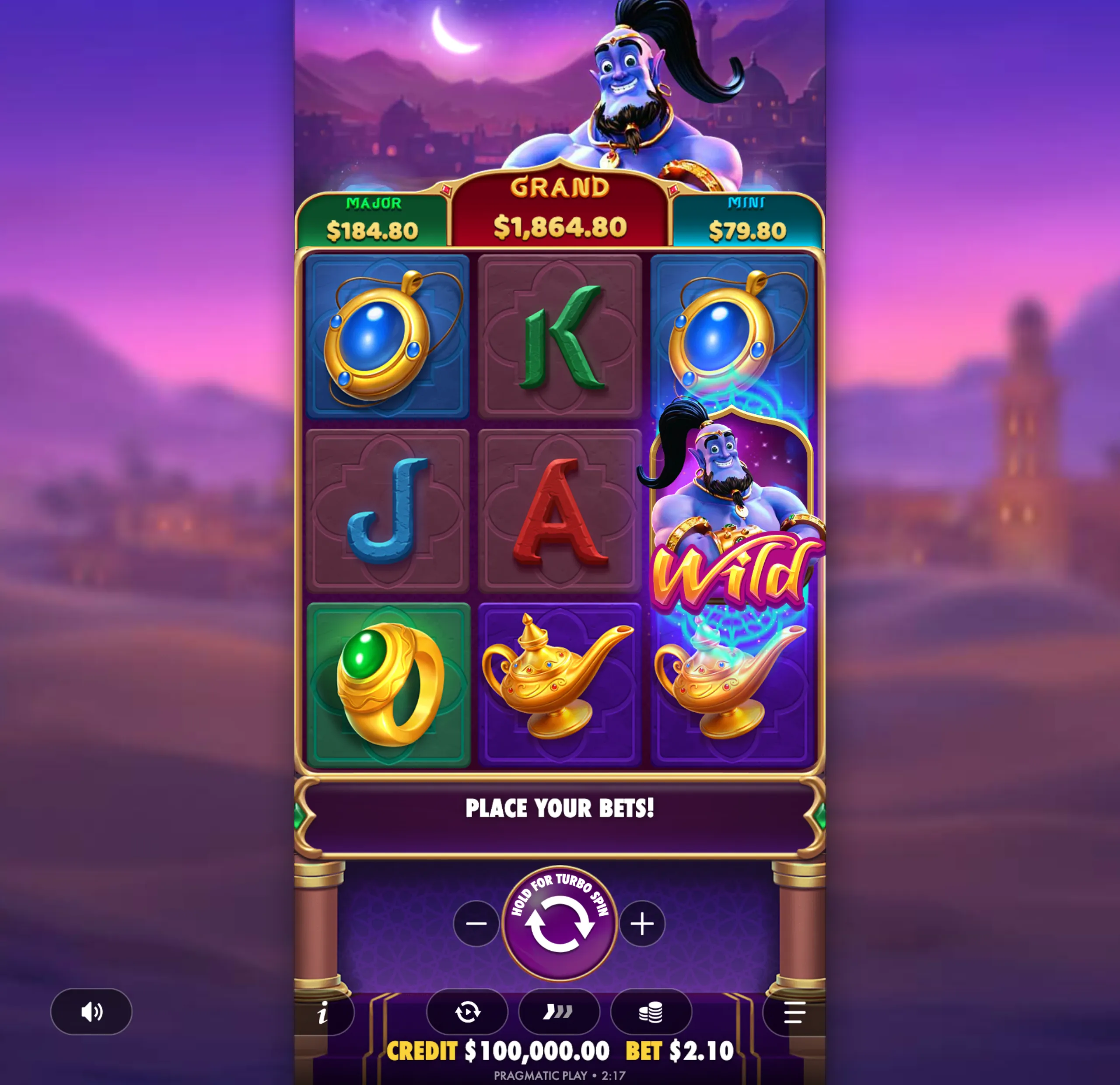 Mystic Wishes slot game interface featuring a smiling blue genie, jackpot tiers, and magical symbols like rings, lamps, and wild icons against a twilight cityscape