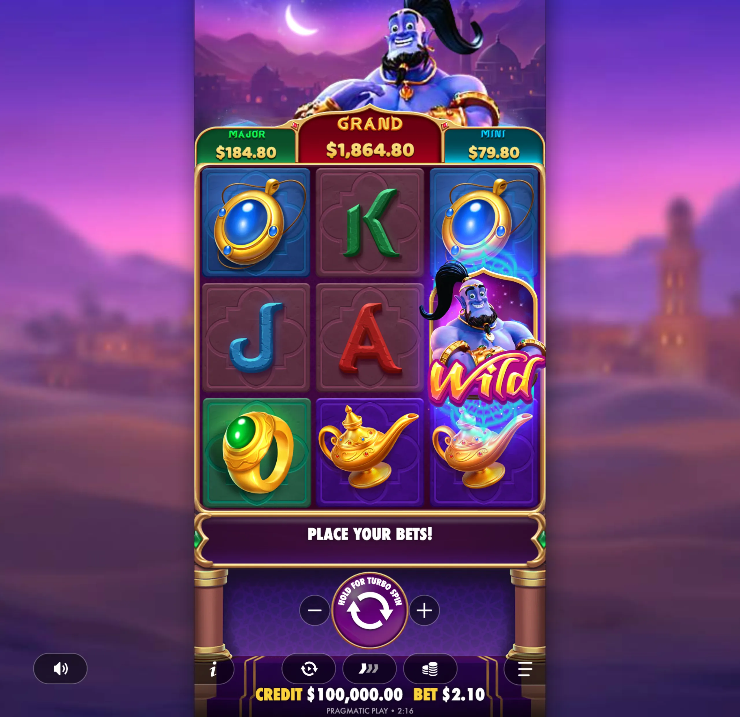 Slot game interface featuring a smiling blue genie, mystical symbols like magic lamps and rings, and jackpot values displayed under a crescent moon sky.