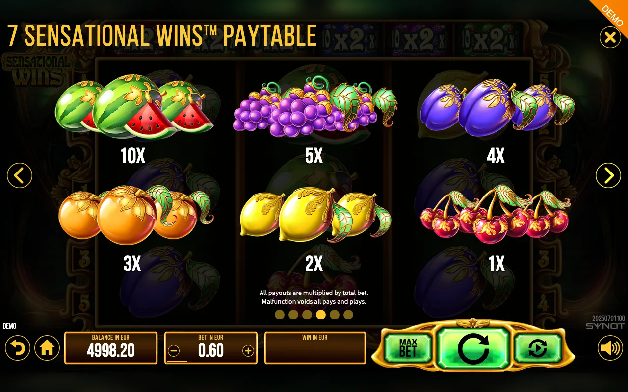 7 Sensational Wins paytable page 1 with symbol payouts