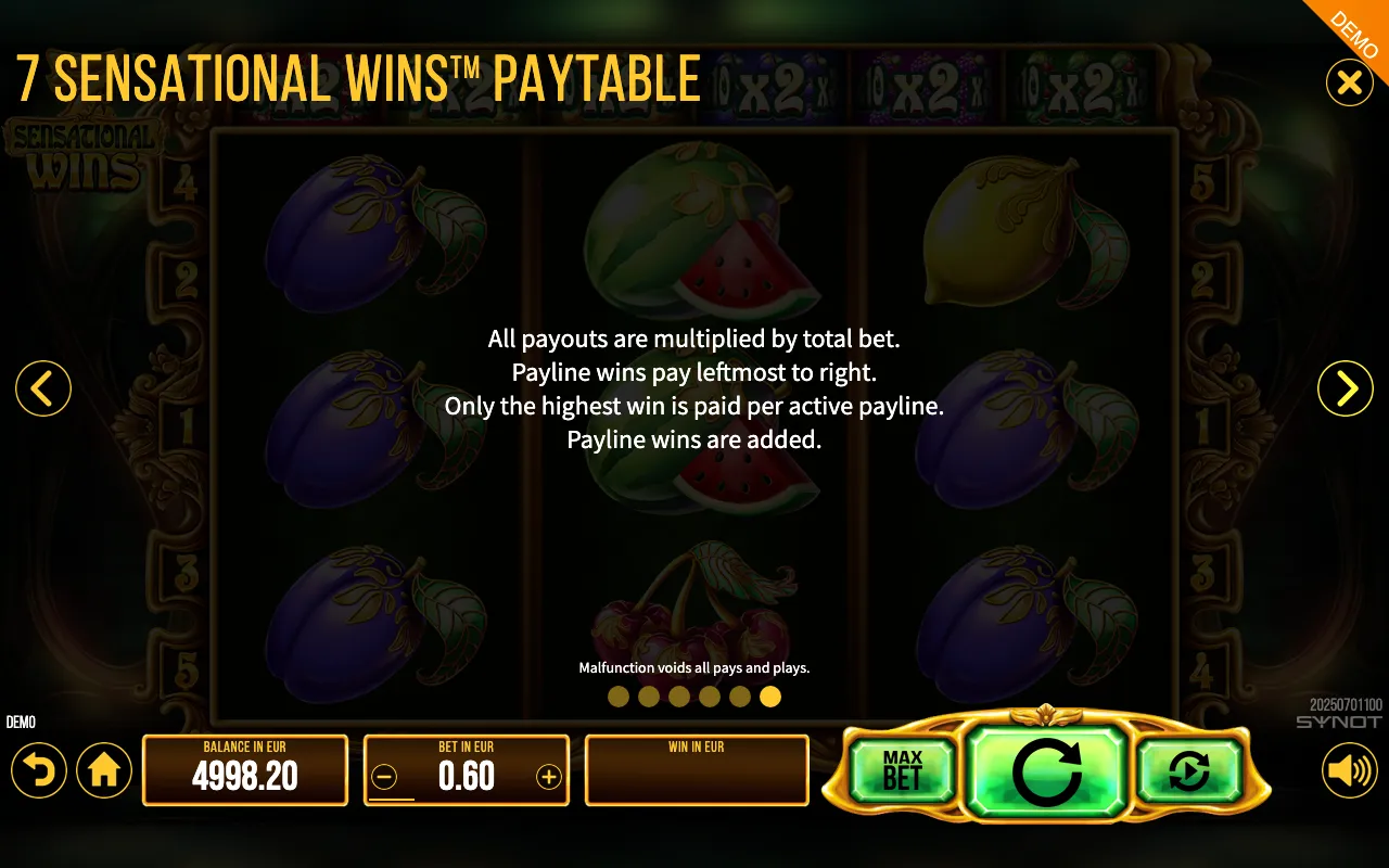 7 Sensational Wins paytable page 3 with symbol payouts