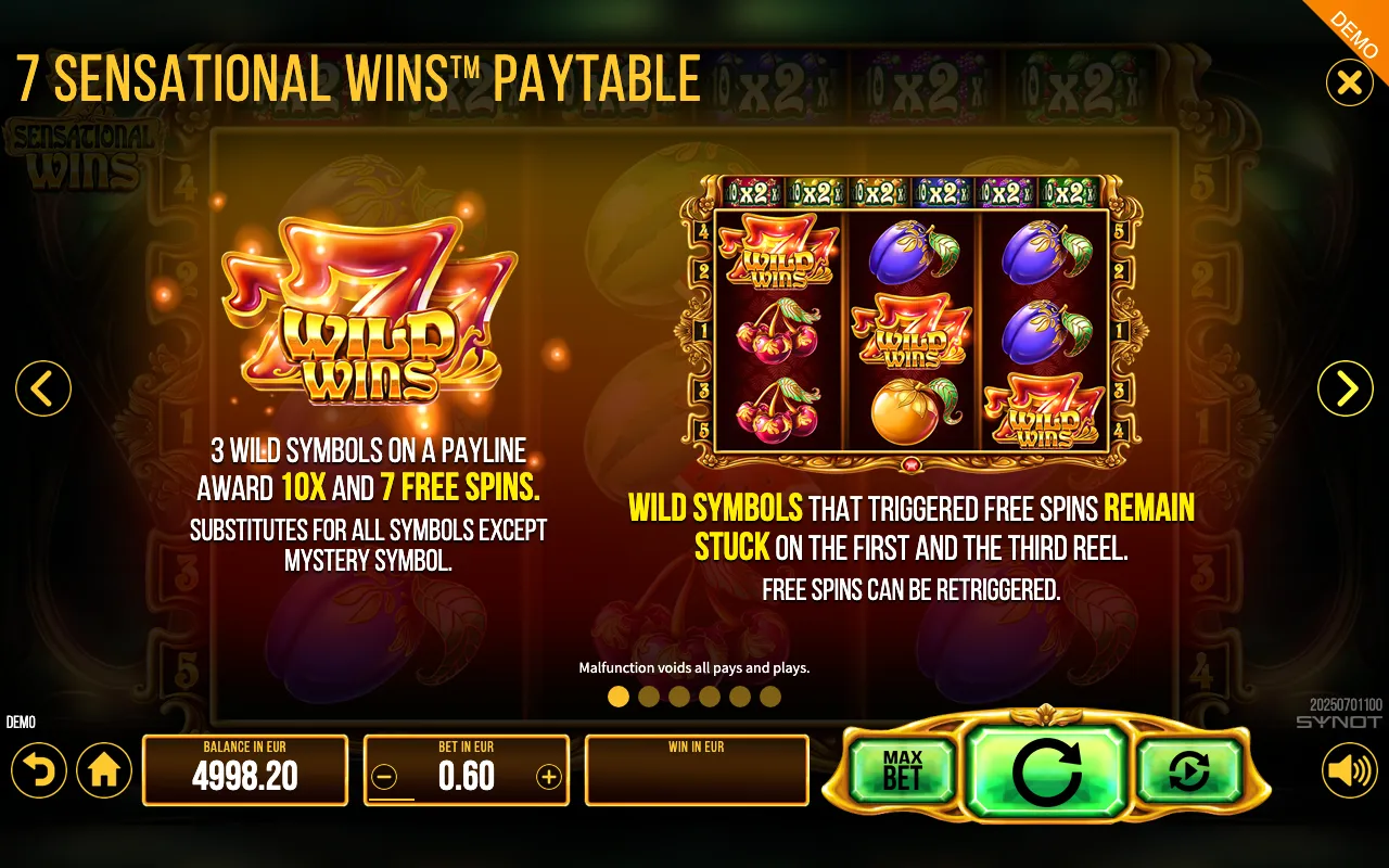 7 Sensational Wins paytable page 4 with symbol payouts