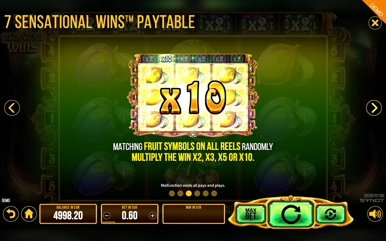 7 Sensational Wins paytable page 5 with symbol payouts
