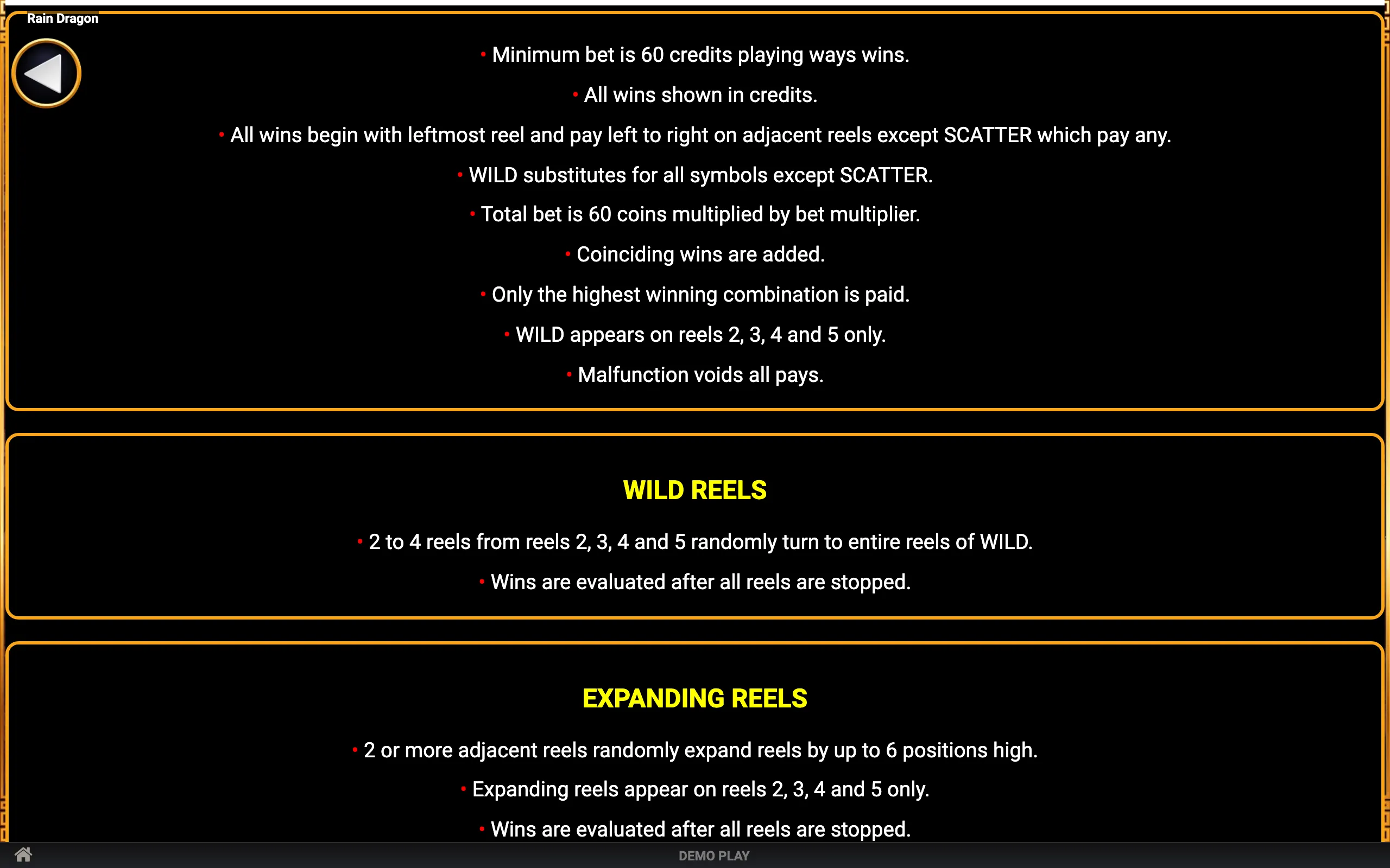 Rain Dragon paytable page 4 with symbol payouts