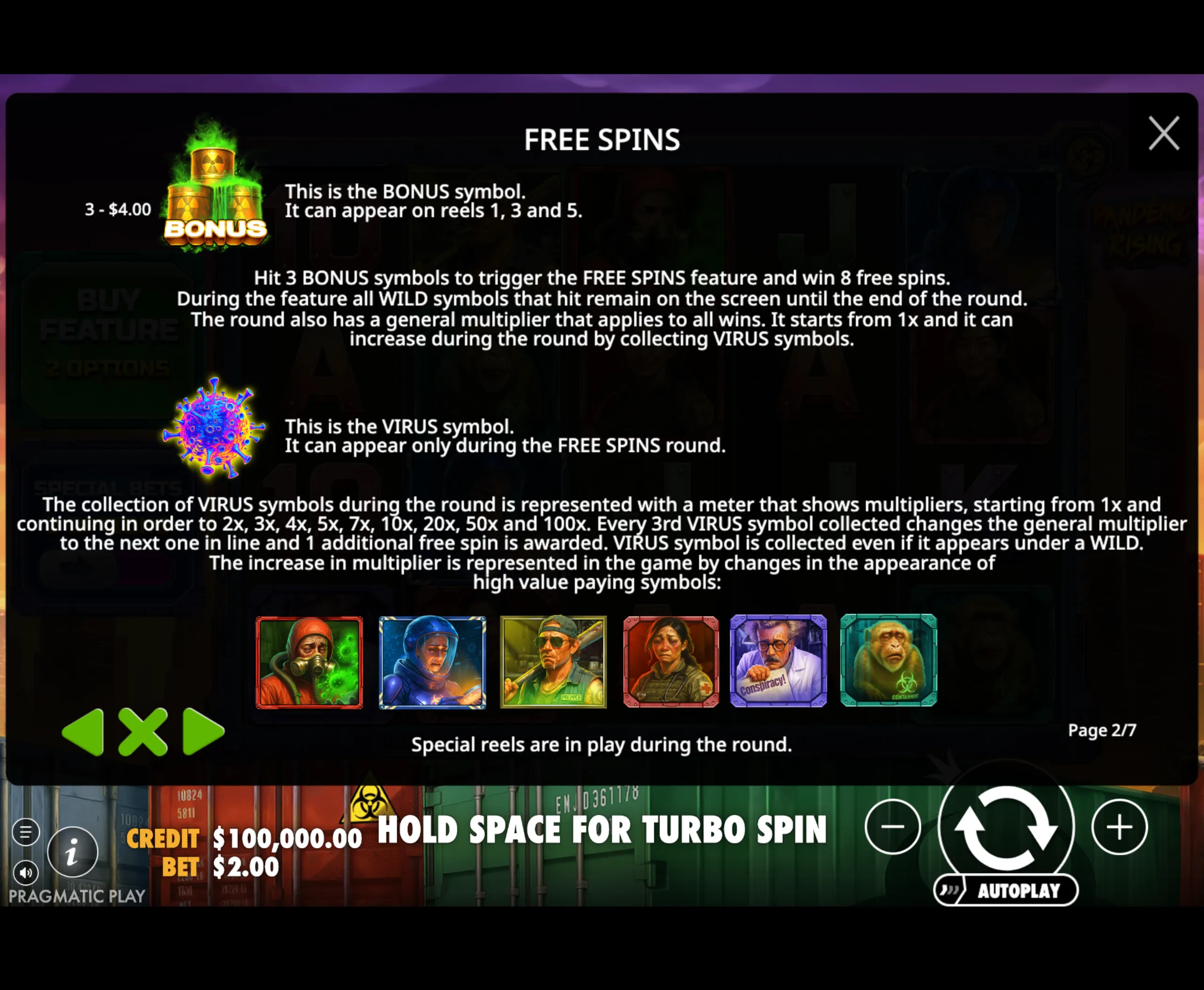 Slot game interface showing bonus and virus symbols with detailed free spins feature instructions and character icons representing a pandemic theme.