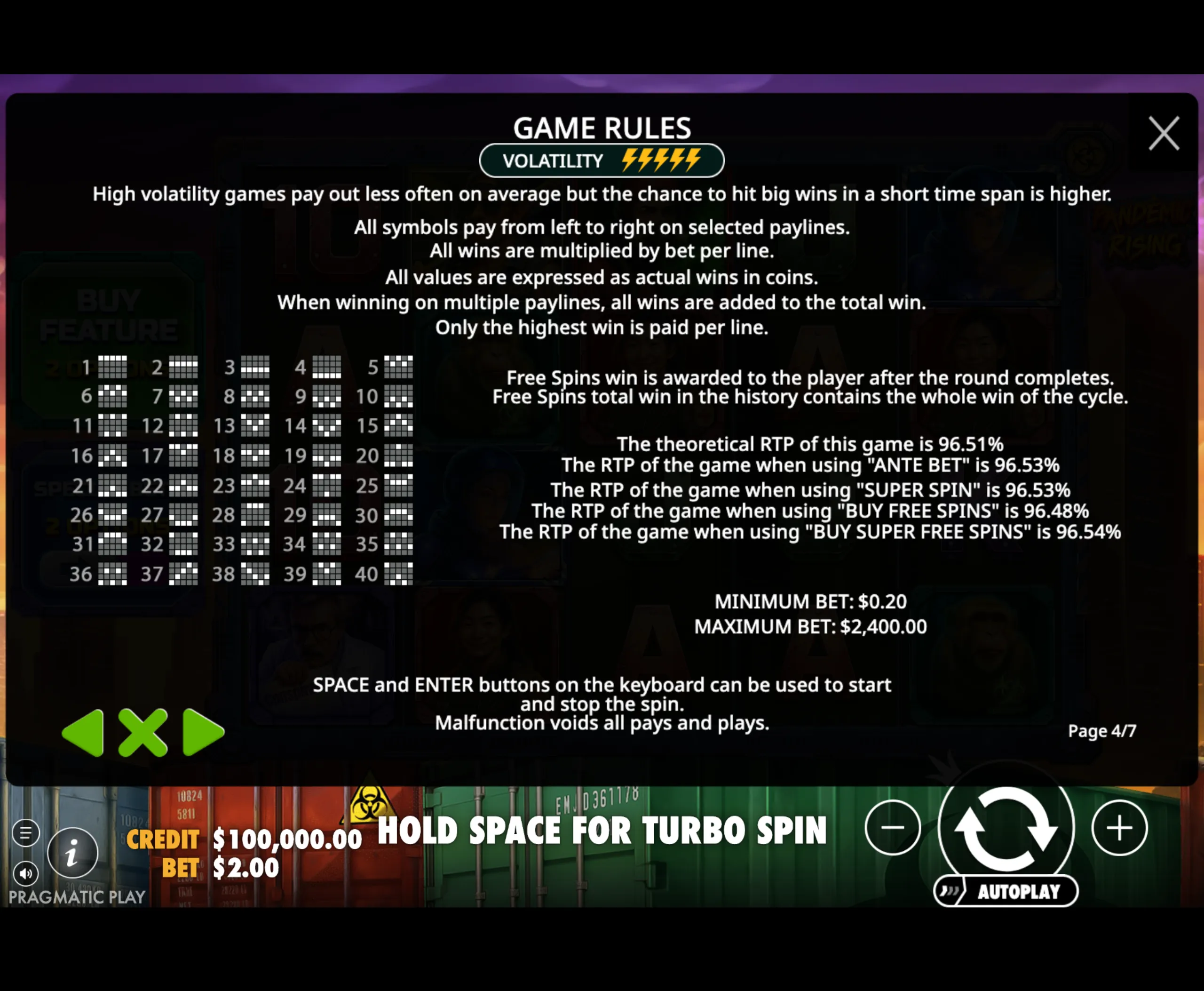 Game rules screen for Pandemic Rising slot showing high volatility, paylines, RTP percentages, and betting limits with a dark overlay and text instructions.