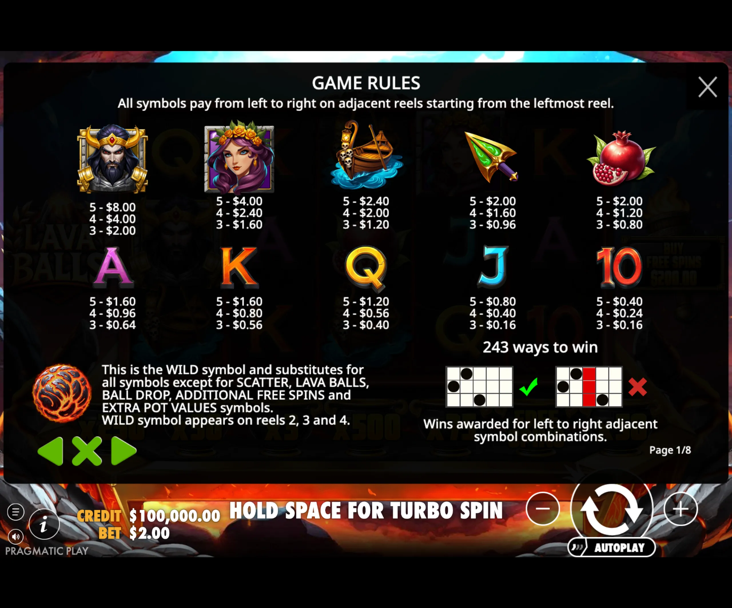Slot game paytable showing character and object symbols with corresponding payout values and game rules for symbol adjacency and wild substitutions.