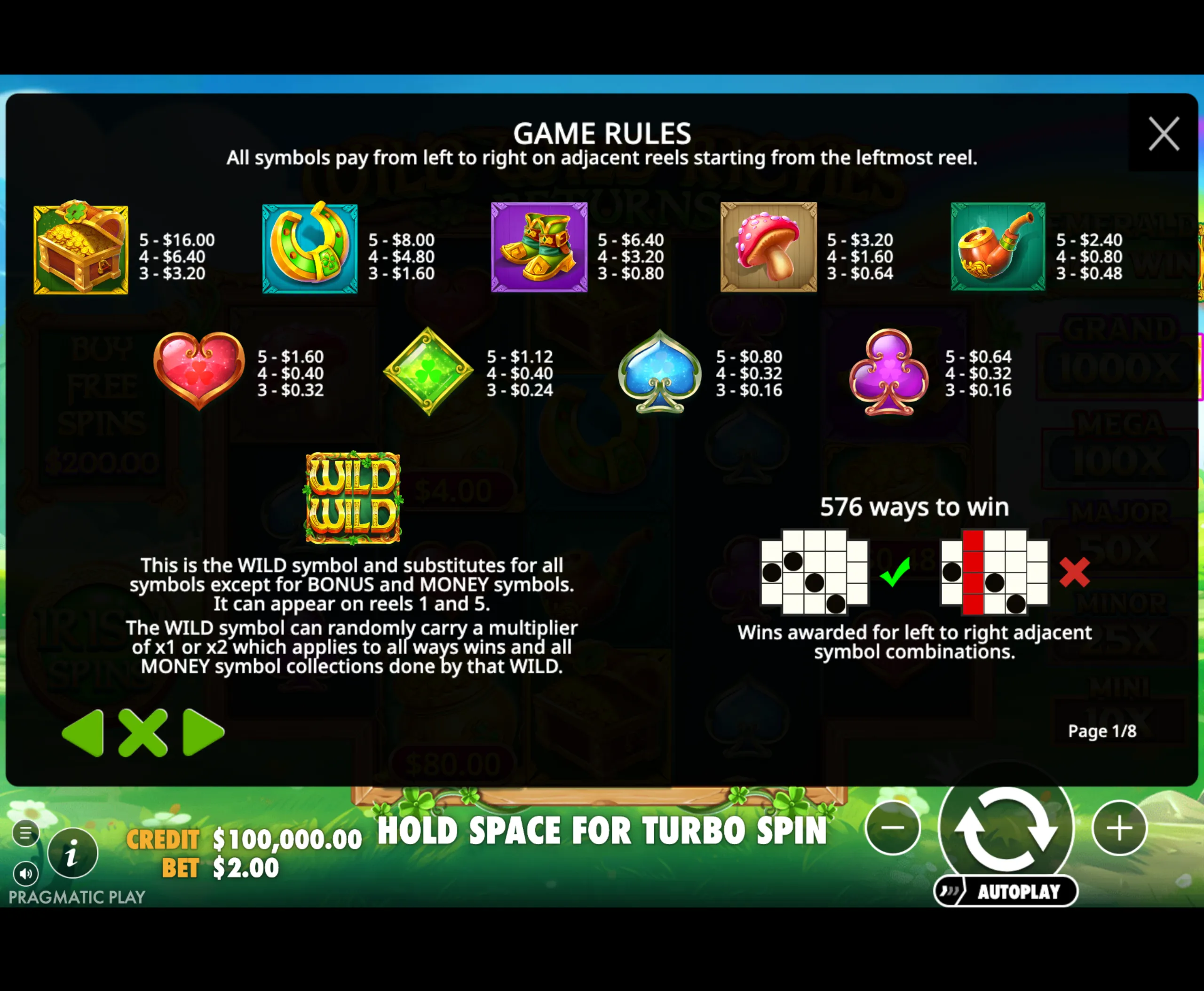 Wild Wild Riches Returns slot game paytable and rules screen showing symbol payouts, wild symbol details, and paylines.