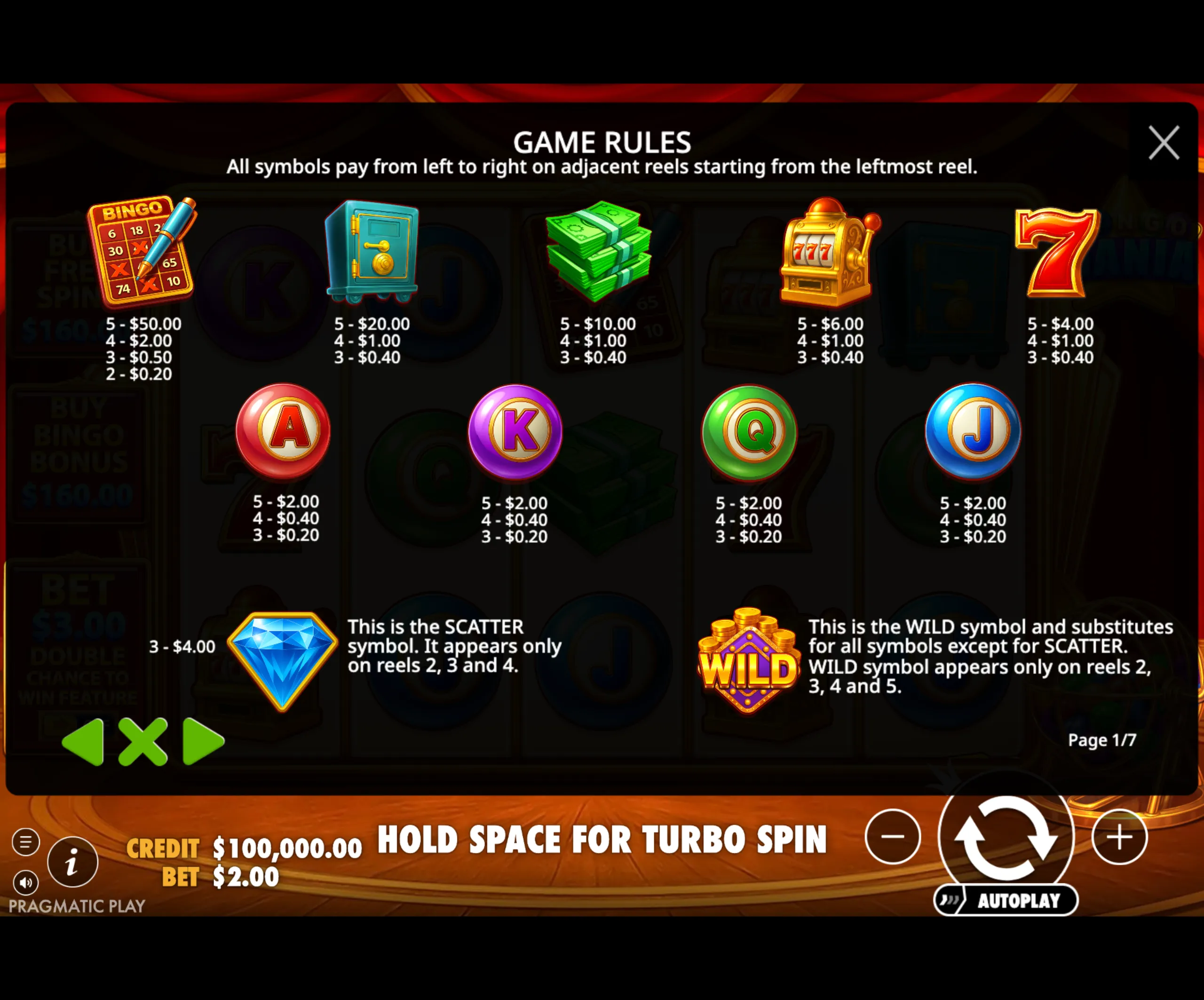 Bingo Mania slot game paytable showing colorful symbols including bingo card, safe, cash, slot machine, red seven, playing card icons, diamond scatter, and wild symbol with their respective payouts.