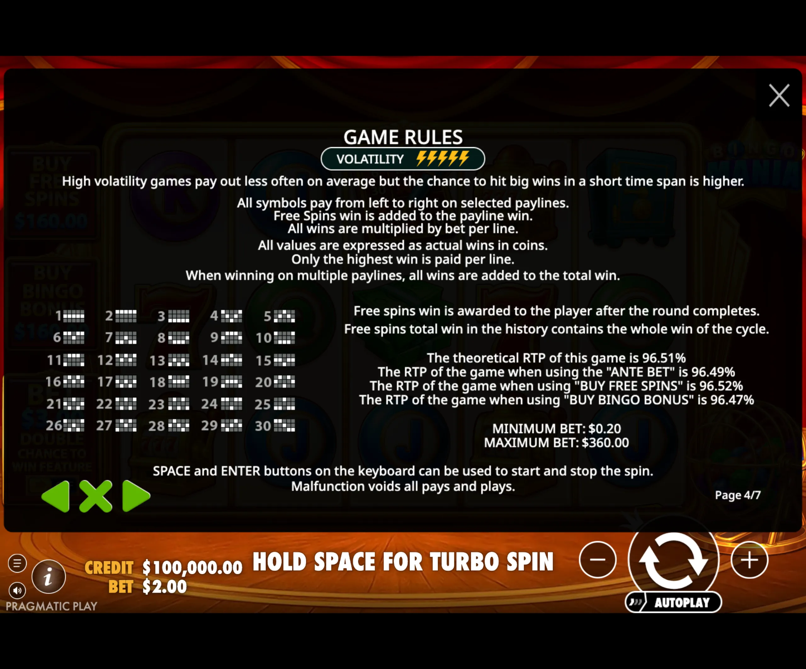 Bingo Mania slot game rules screen showing high volatility, paylines, RTP percentages, and betting limits with instructions for gameplay controls.