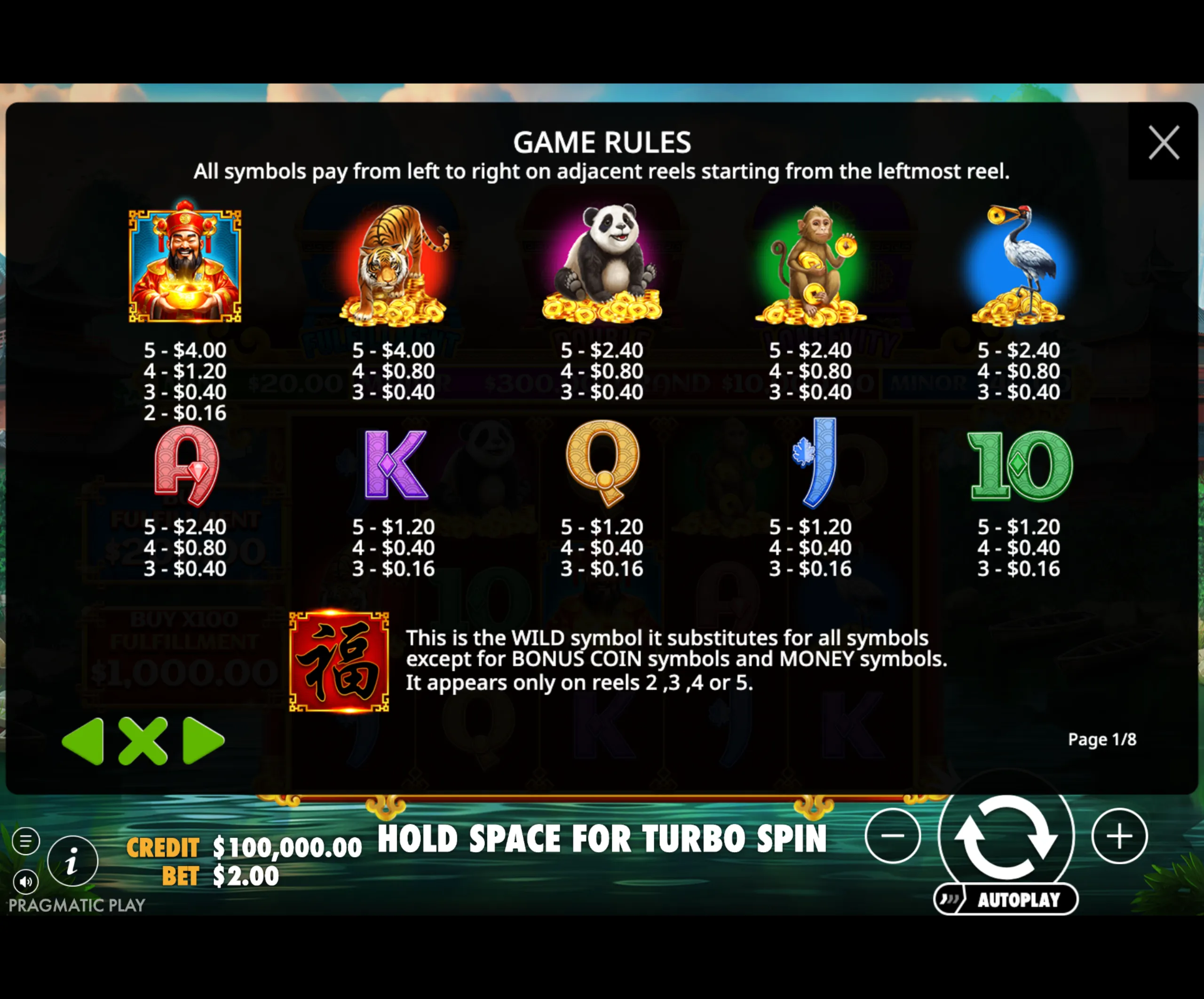 Game rules and symbol payout values for Chests of Cai Shen 2 slot, featuring Cai Shen, tiger, panda, monkey, crane, and playing card symbols with their respective payout amounts.
