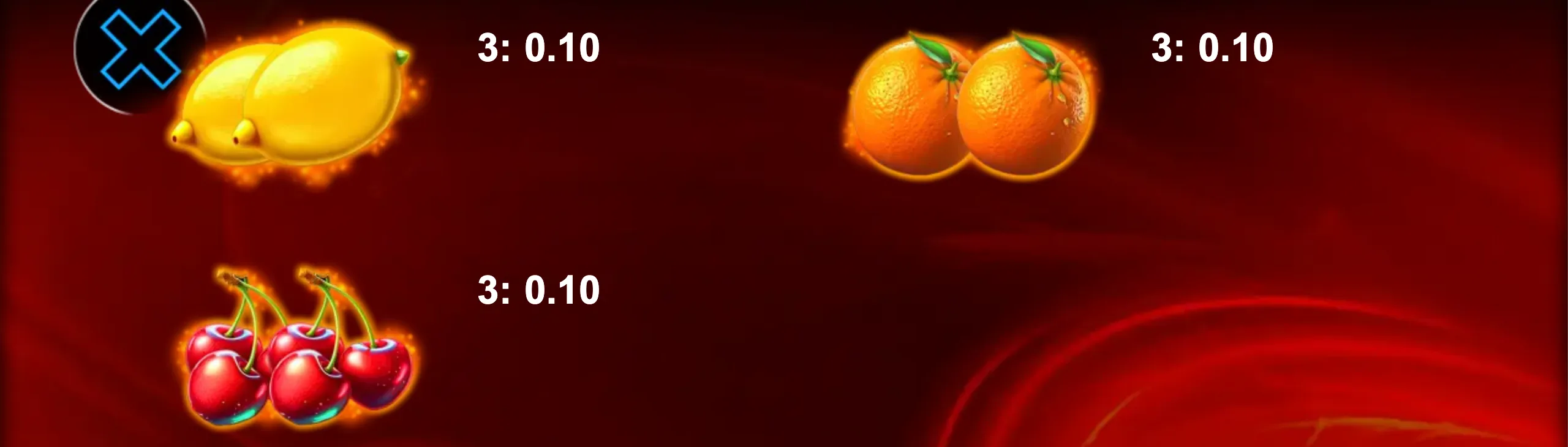 Brightly colored fruit symbols glowing against a deep red background in Hell's Cherries slot preview