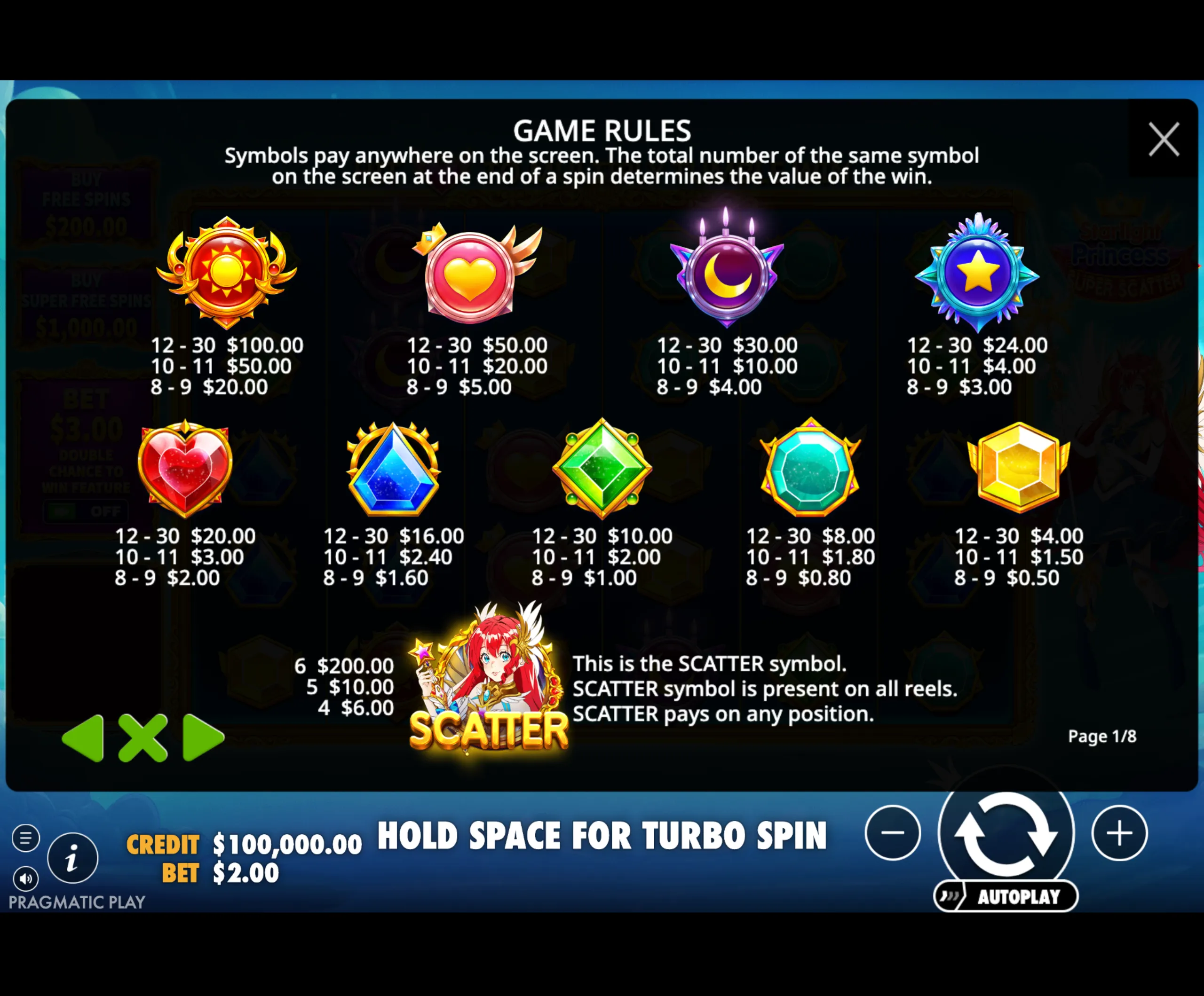 Starlight Princess Super Scatter slot game paytable showing colorful, gem-like symbols with associated payout values and a red-haired princess scatter symbol.