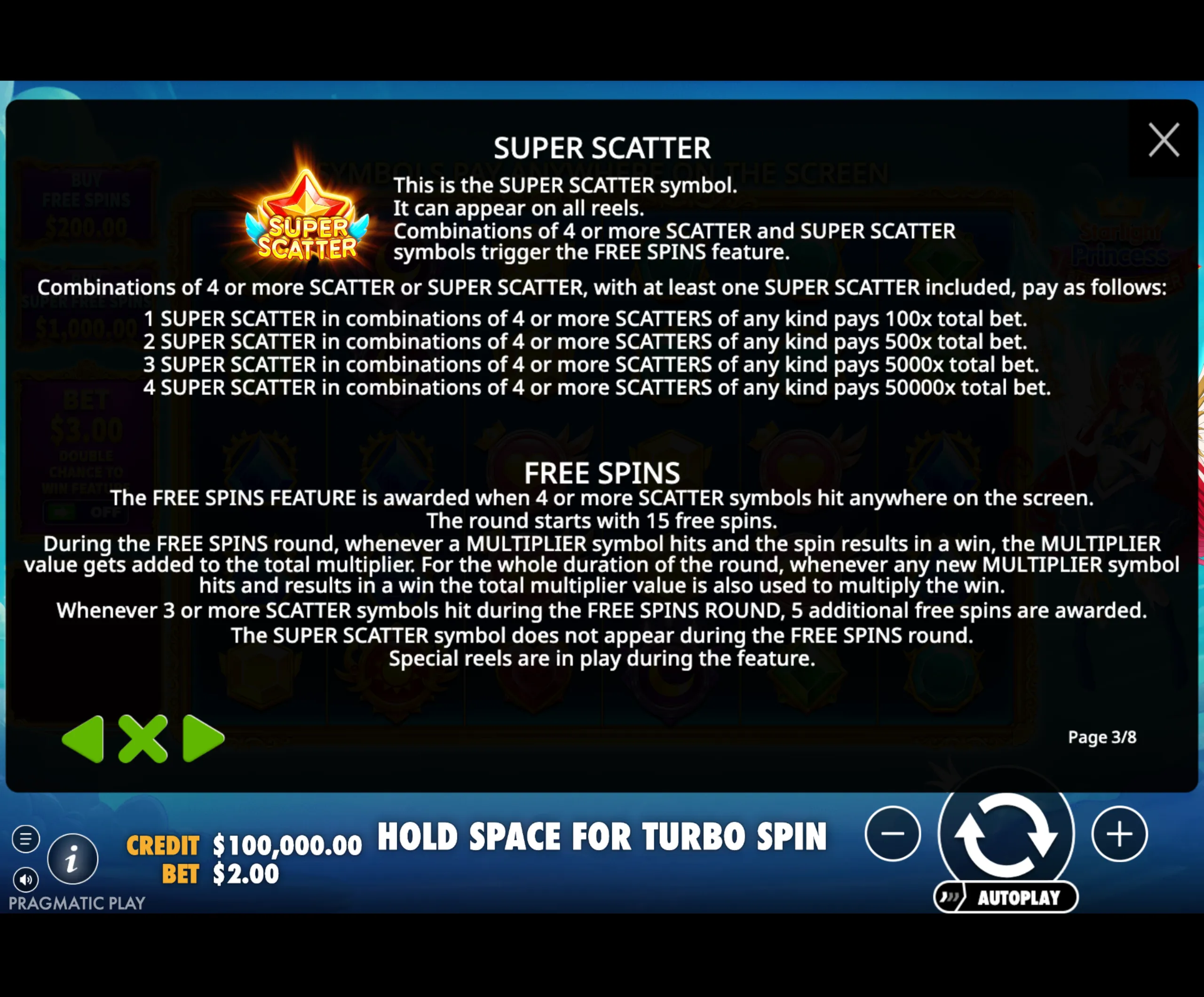 Game info screen detailing the Super Scatter symbol and Free Spins feature with payout multipliers for Starlight Princess Super Scatter slot game.