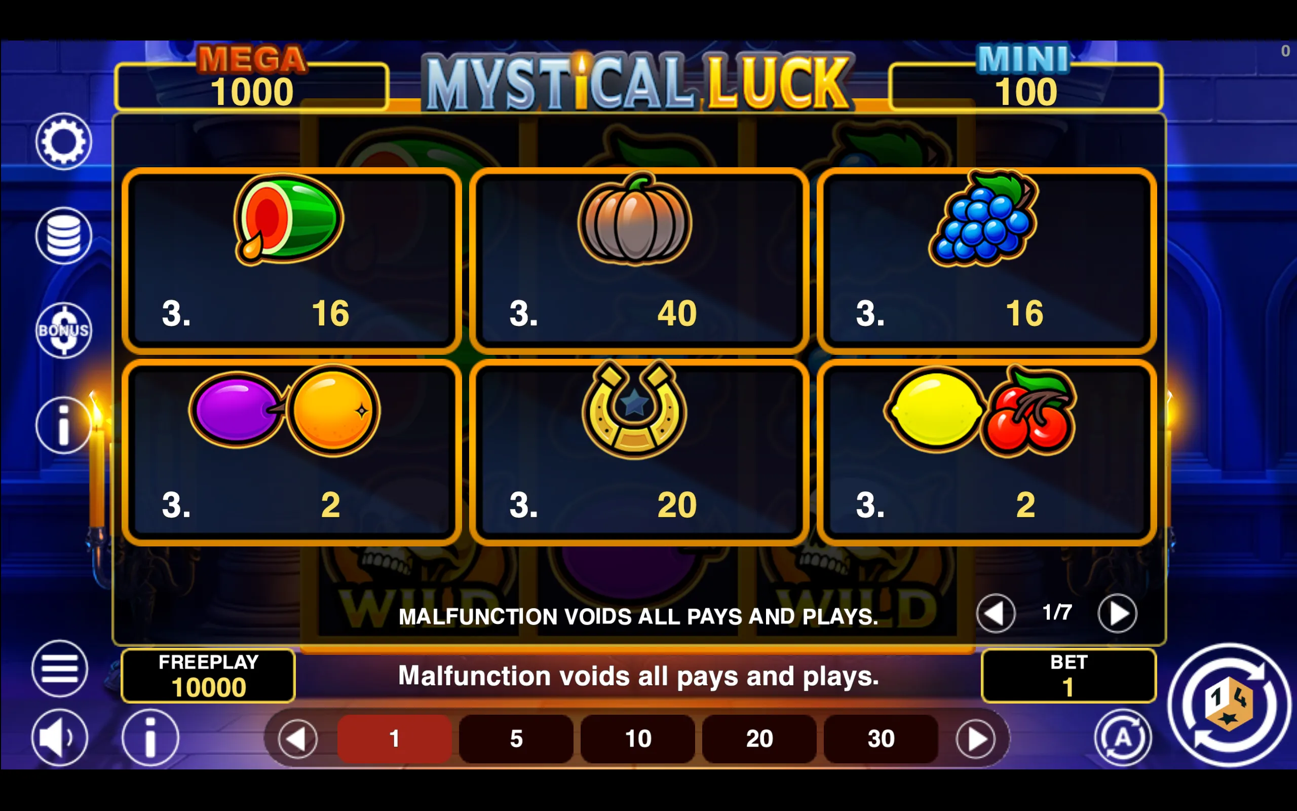 Mystical Luck Hold & Win paytable page 1 with symbol payouts