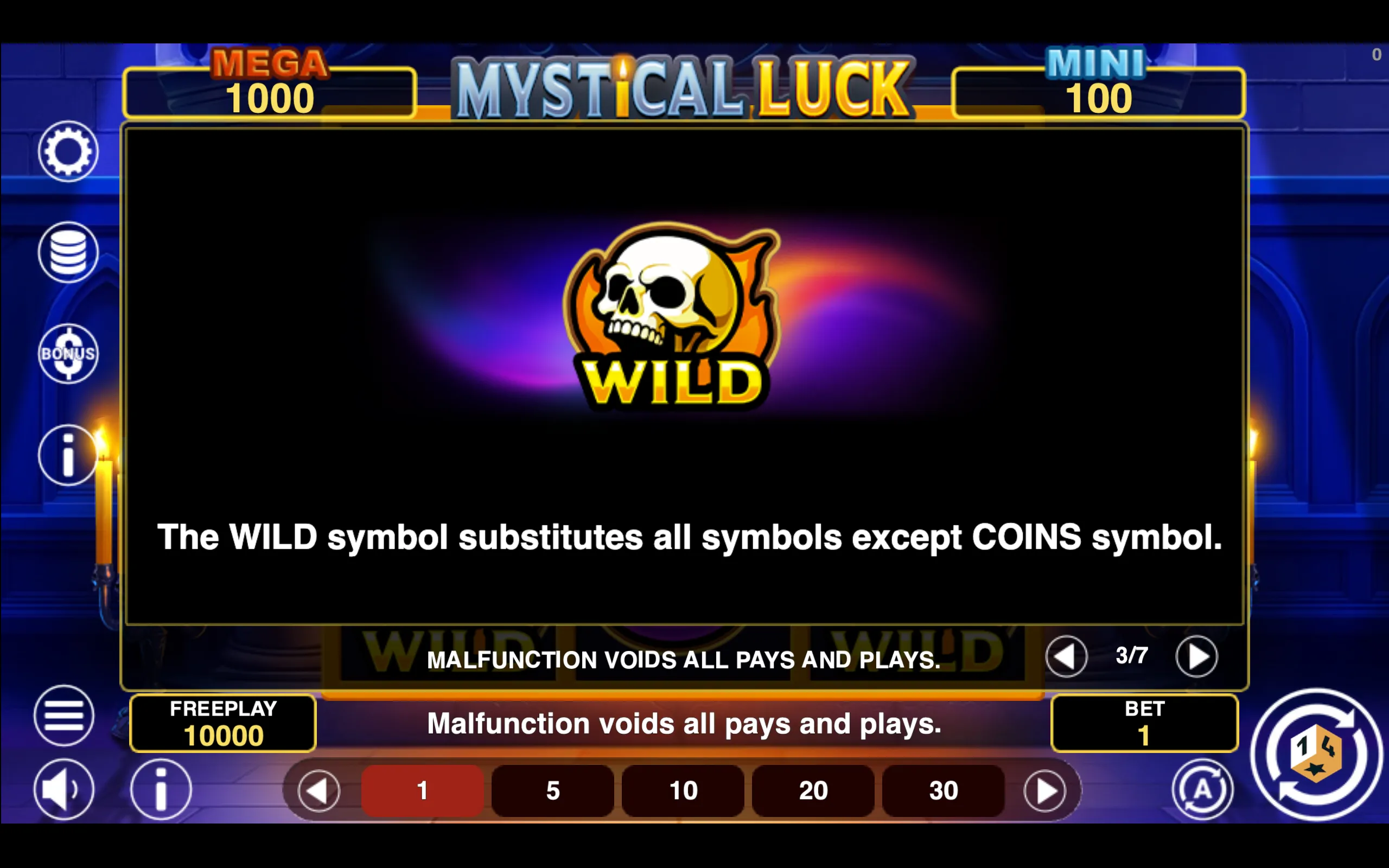 Mystical Luck Hold & Win paytable page 3 with symbol payouts