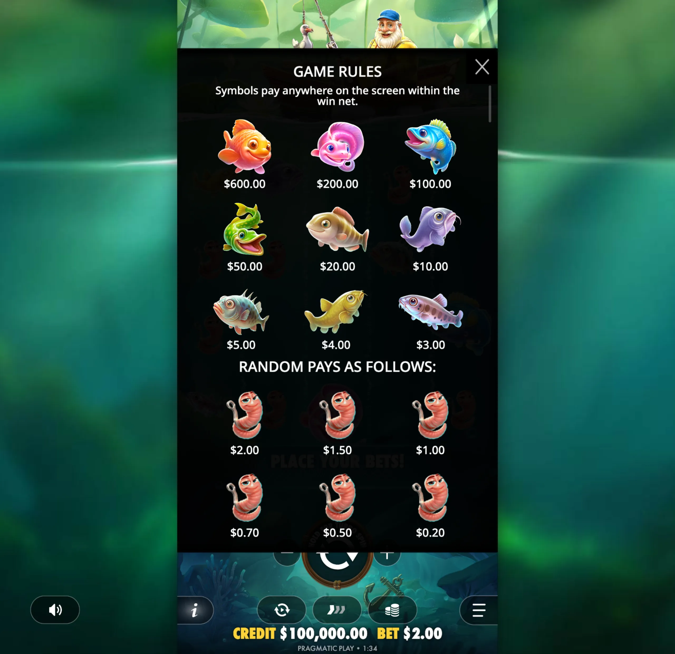 Happy Nets slot game paytable showing colorful fish symbols with corresponding payout values and a cheerful fisherman character at the top.