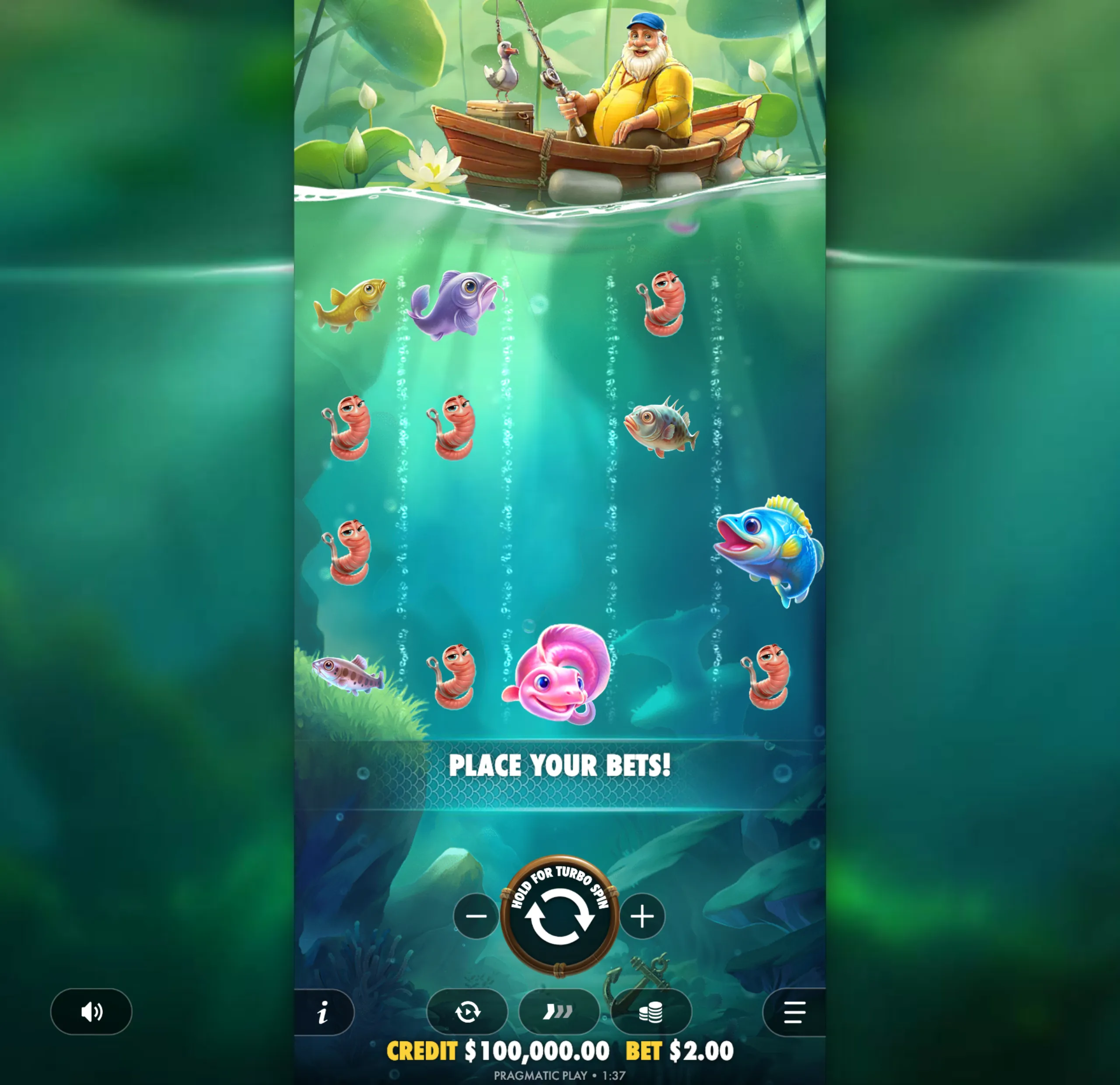 A cheerful fisherman in a wooden boat fishing on a calm pond with animated colorful fish and worms underwater, surrounded by lily pads and aquatic plants.