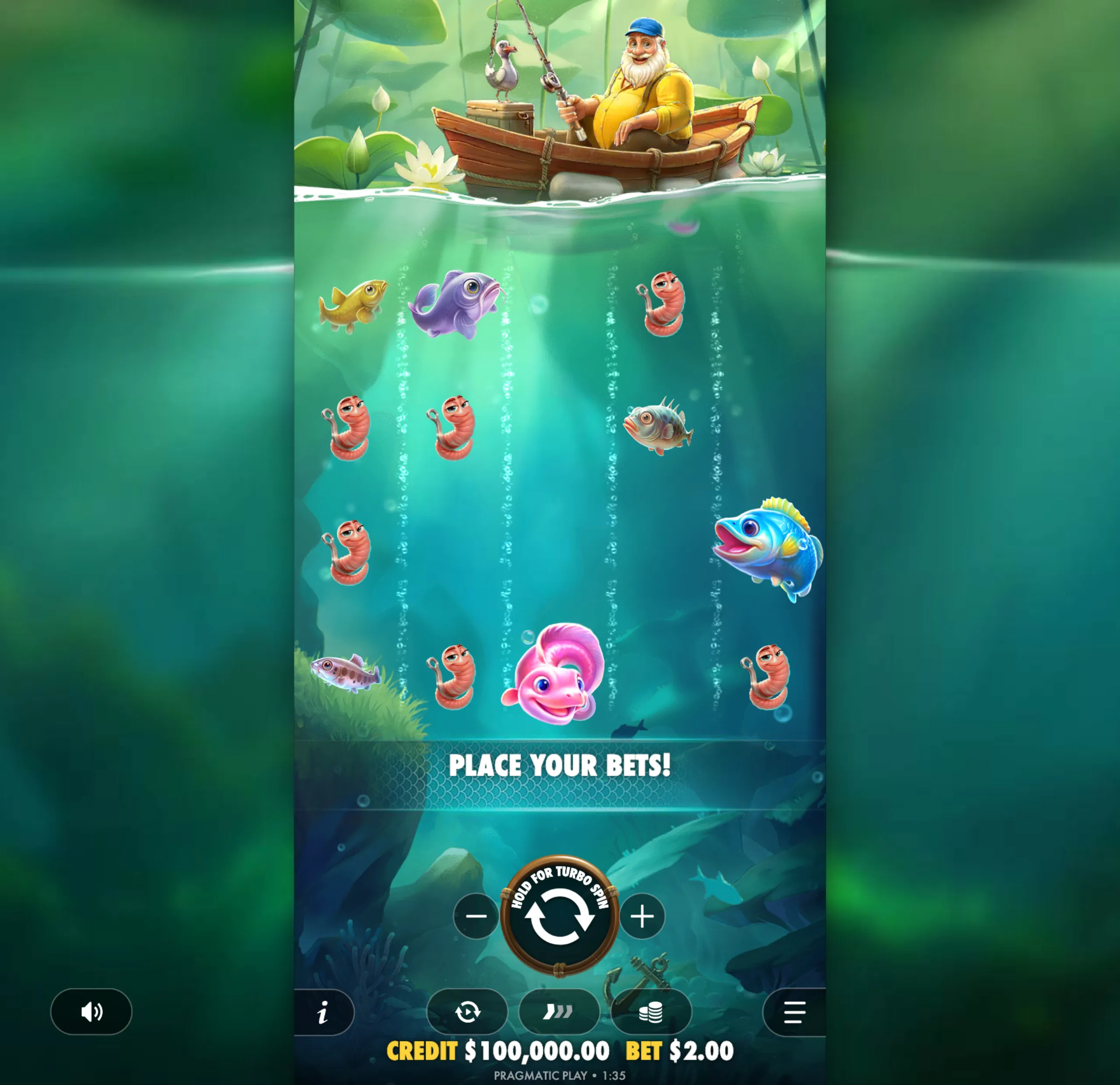 A cheerful fisherman in a wooden boat fishing on a calm pond with various colorful fish and worms underwater, surrounded by lily pads and aquatic plants.
