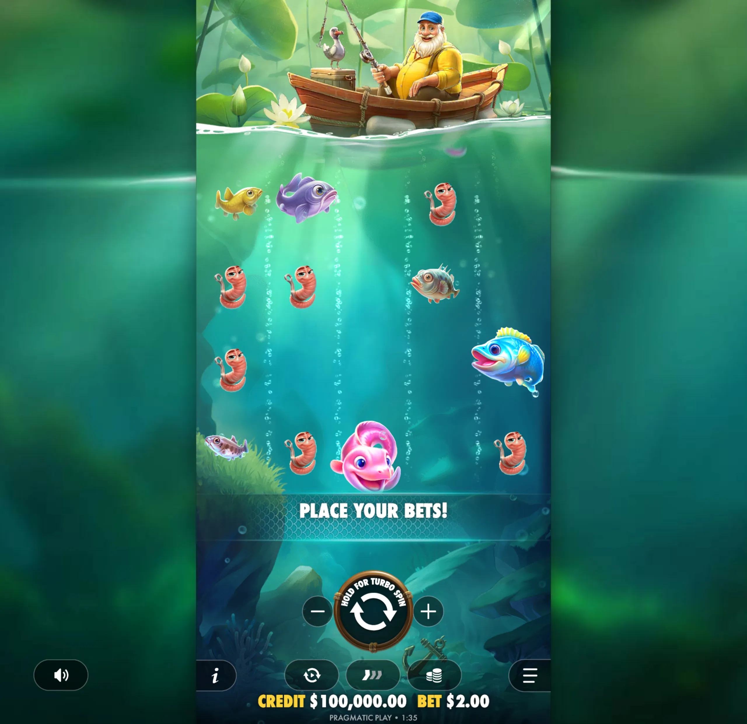 A cheerful elderly fisherman in a wooden boat above water with colorful animated fish and worms underwater, inviting players to place bets in a fishing-themed slot game.