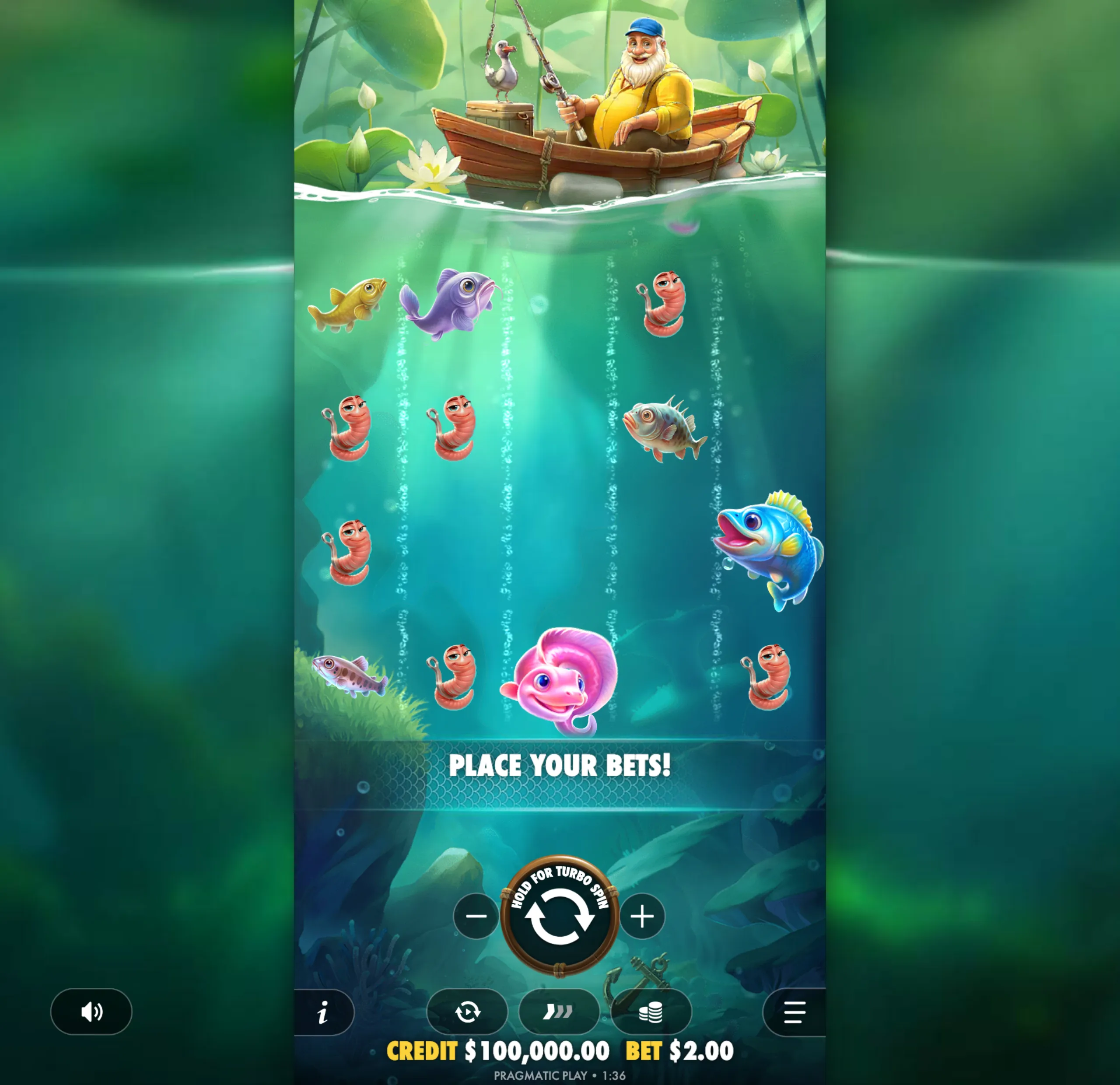 A cheerful fisherman in a wooden boat with a seagull, fishing in a vibrant underwater scene filled with colorful fish and bait, inviting players to place bets.