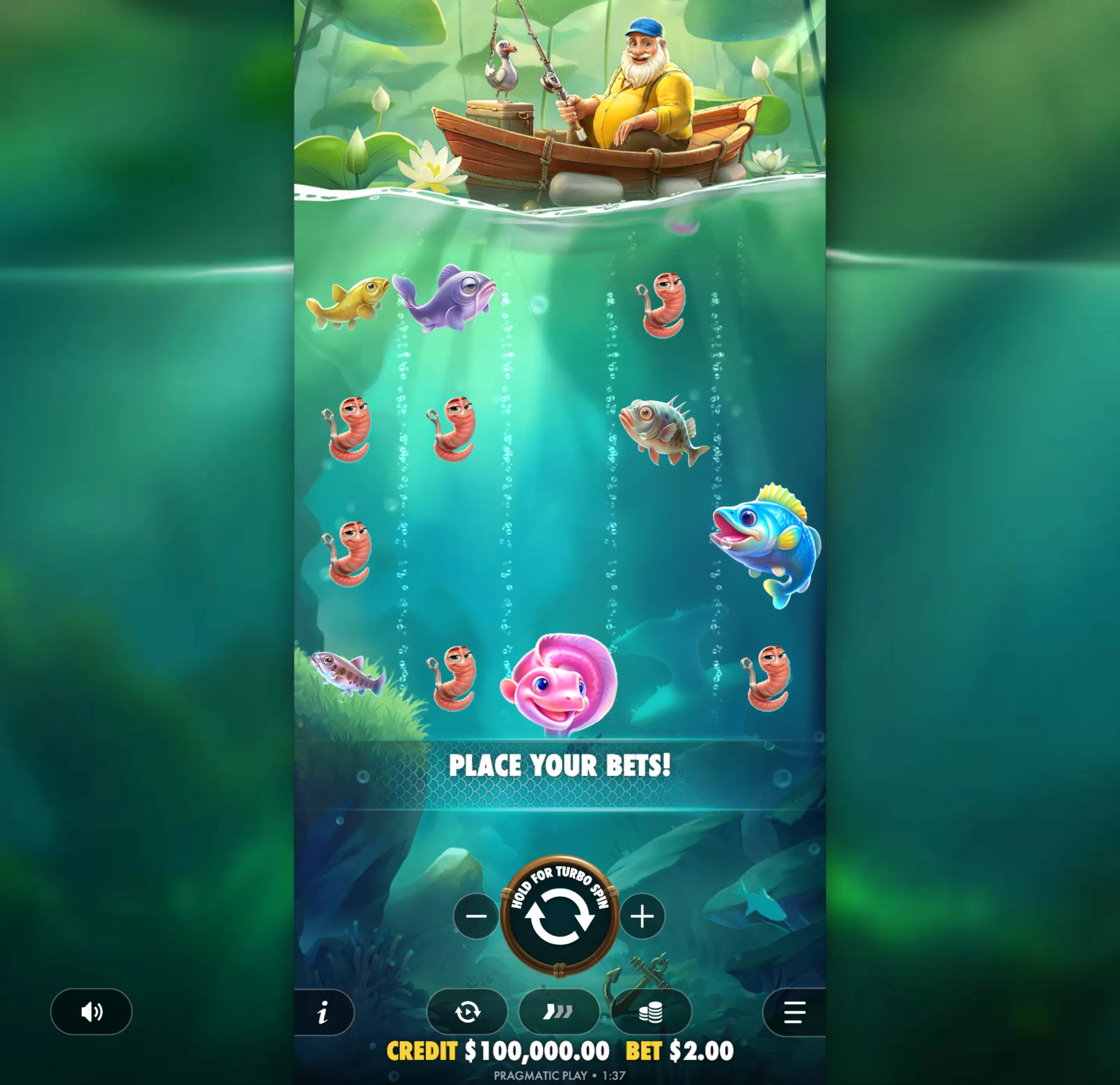 A cheerful fisherman in a wooden boat with a seagull, fishing in a vibrant underwater scene filled with colorful animated fish and worms.