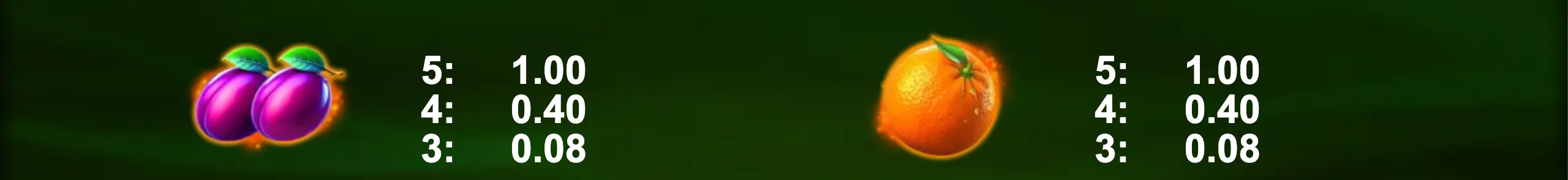 Brightly colored fruit symbols with glowing effects on a dark green background showcasing payout values.