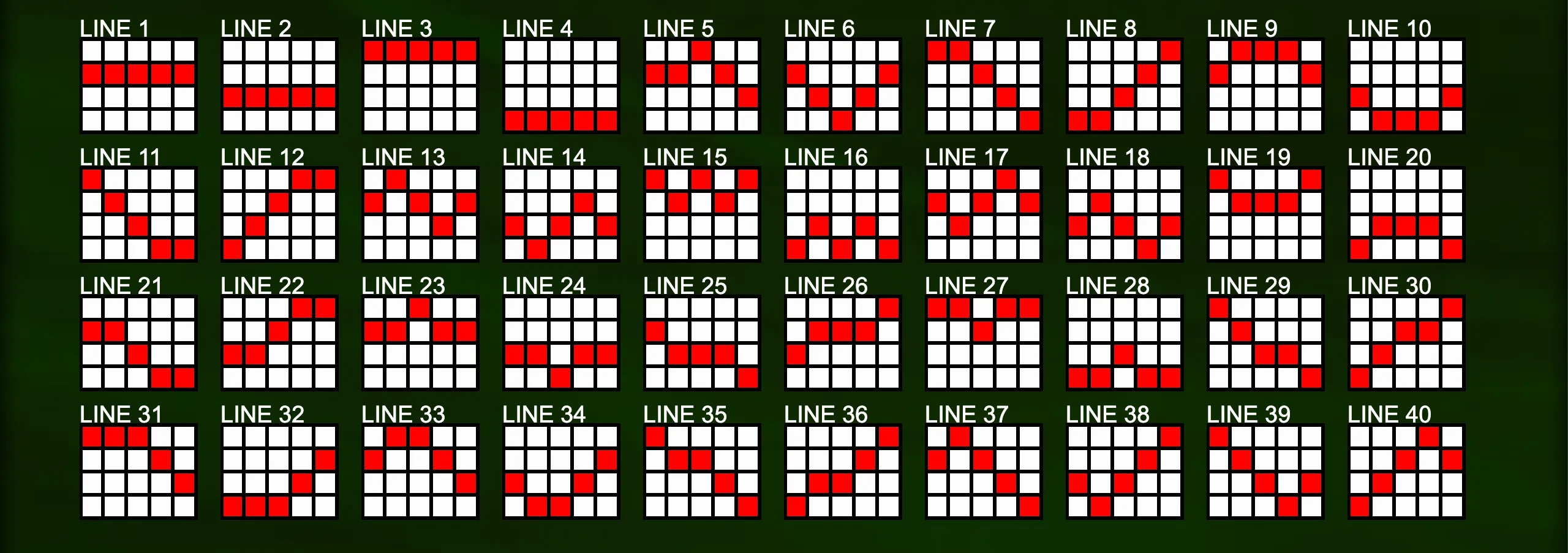 Visual guide showing 40 distinct paylines in the slot game 40 Hell's Cherries with red highlighted paths on a dark green background